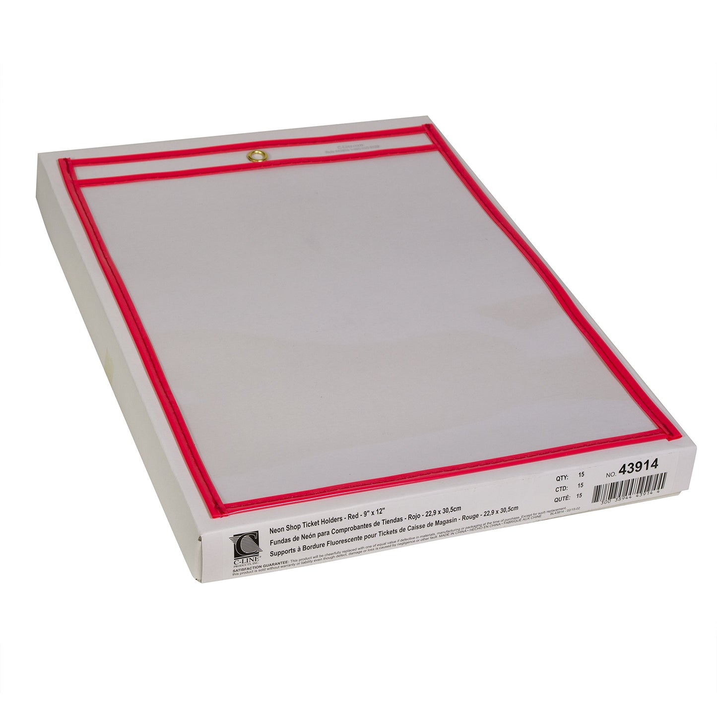 C-Line Neon Stitched Shop Ticket Holders, Red, Both Sides Clear, 9 x 12 Inches, 15 per Box (43914)
