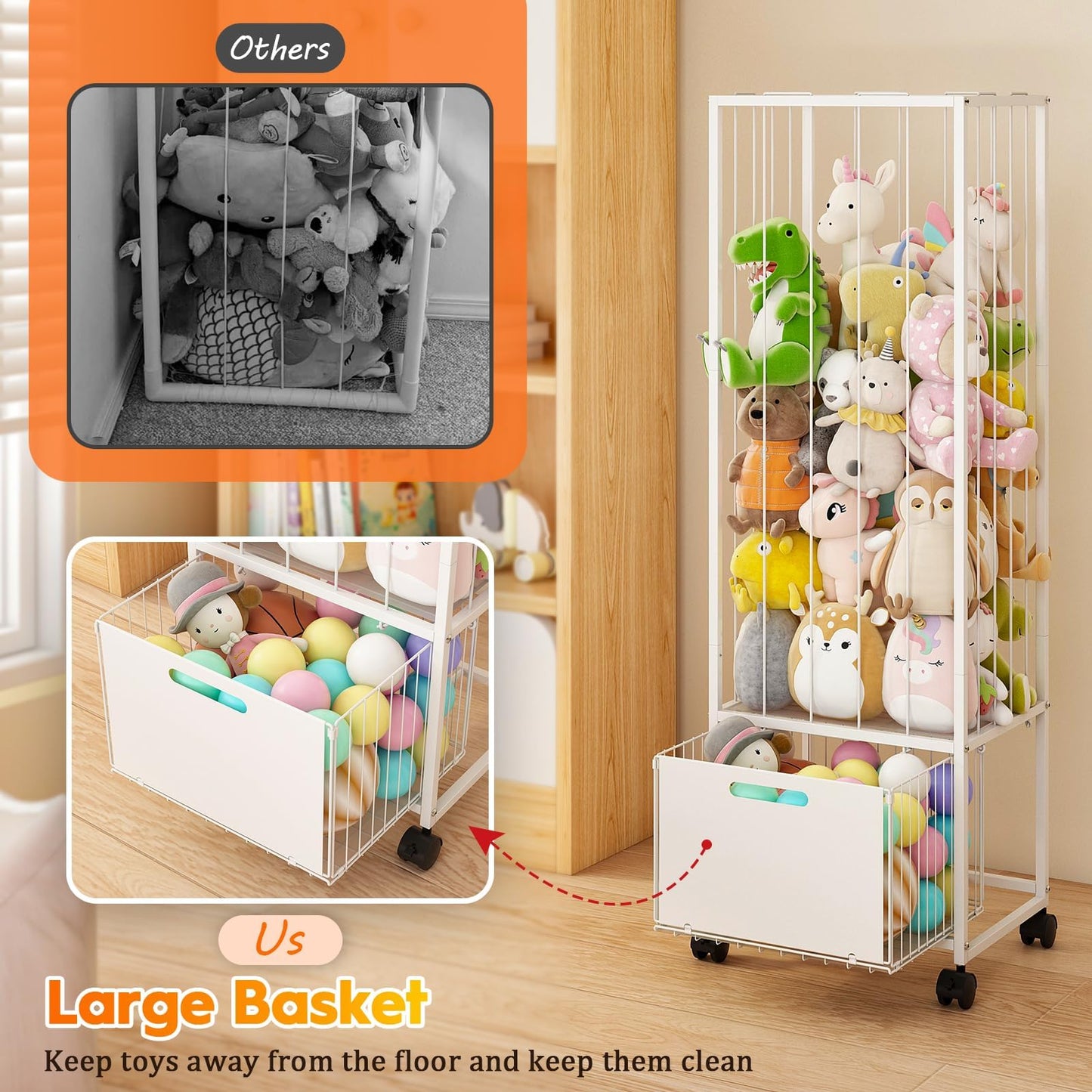BUKFEN Metal Stuffed Animal Storage Zoo Toy Organizer - Large Capacity Plush Holder with Adjustable Elastic Cords & 4 Wheels, Vertical Space-Saving Design for Kids Nursery Playroom Bedroom,White