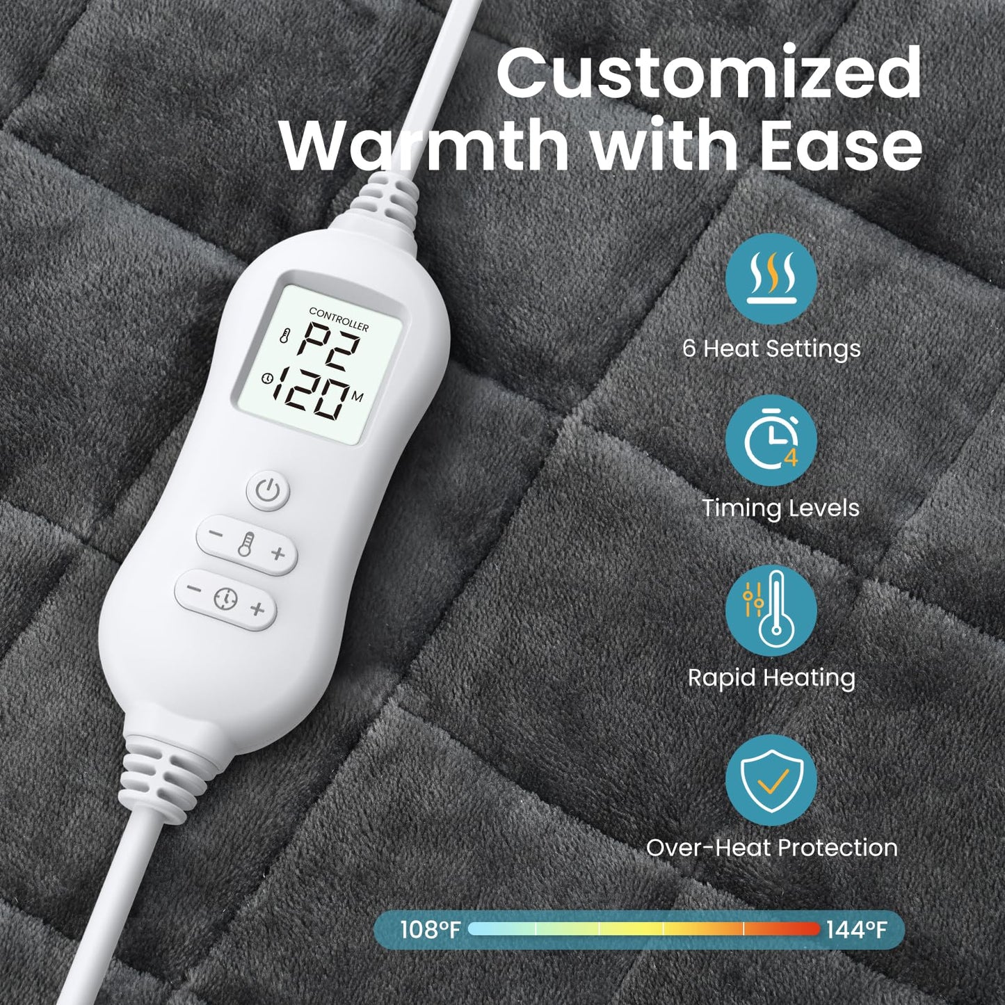 NOWWISH 5lbs Weighted Heating Pad, Small Electric Heated Weighted Blanket with 6 Heat Settings, Timer & Auto Shut-Off, Relief for Period Cramps, Back Pain, Lap, Machine Washable, 29x24 inch, Grey