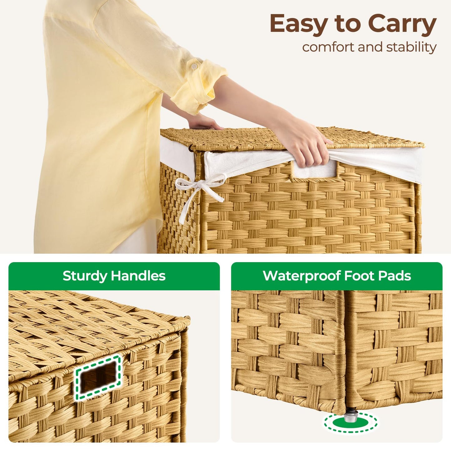 GREENSTELL Storage Basket with Lid, 42.3 Gallon(160L) Lagre Wicker Blanket Storage Basket with Handles, Foldable, 2 Removable Liner Bags, Metal Frame, for Bedroom, Laundry Room, Brown,30"*18.1"*18.1"