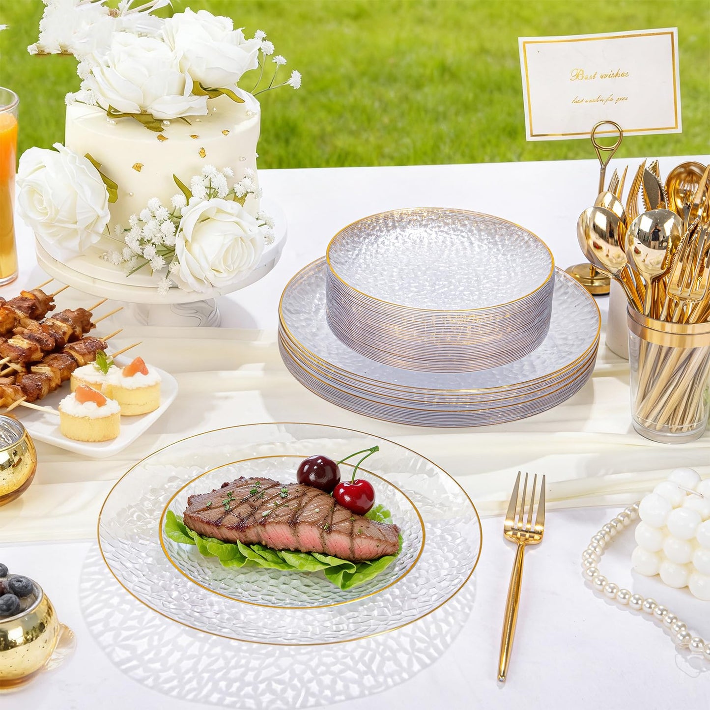 Rubtlamp 150Pcs Plastic Plates, Heavy Duty Clear Plates With Gold Rim, Hammered Gold Dinnerware Set Include 30 Dinner Plate, 30 Dessert Plate, 90 Plastic Silverware