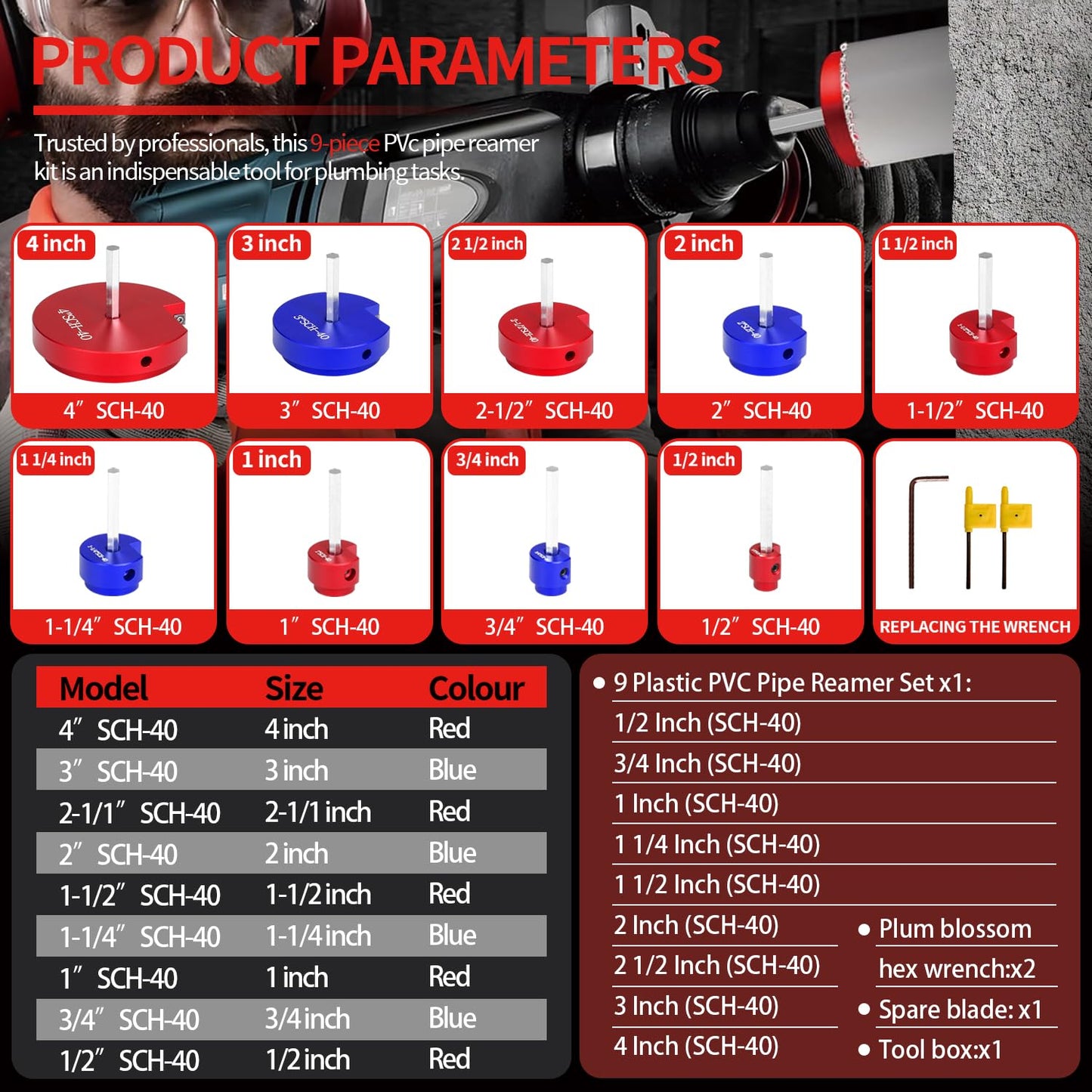 9 PCS PVC Pipe Reamer Kit, Fitting Saver Contains 1/2",3/4'', 1'',1-1/4",1-1/2'',2'', 2-1/2", 3'', 4'' Head Reamers, Plumbing Tools for Standard 1/2" Drills,Suit for PVC,CPVC, PP, PE and ABS Pipes
