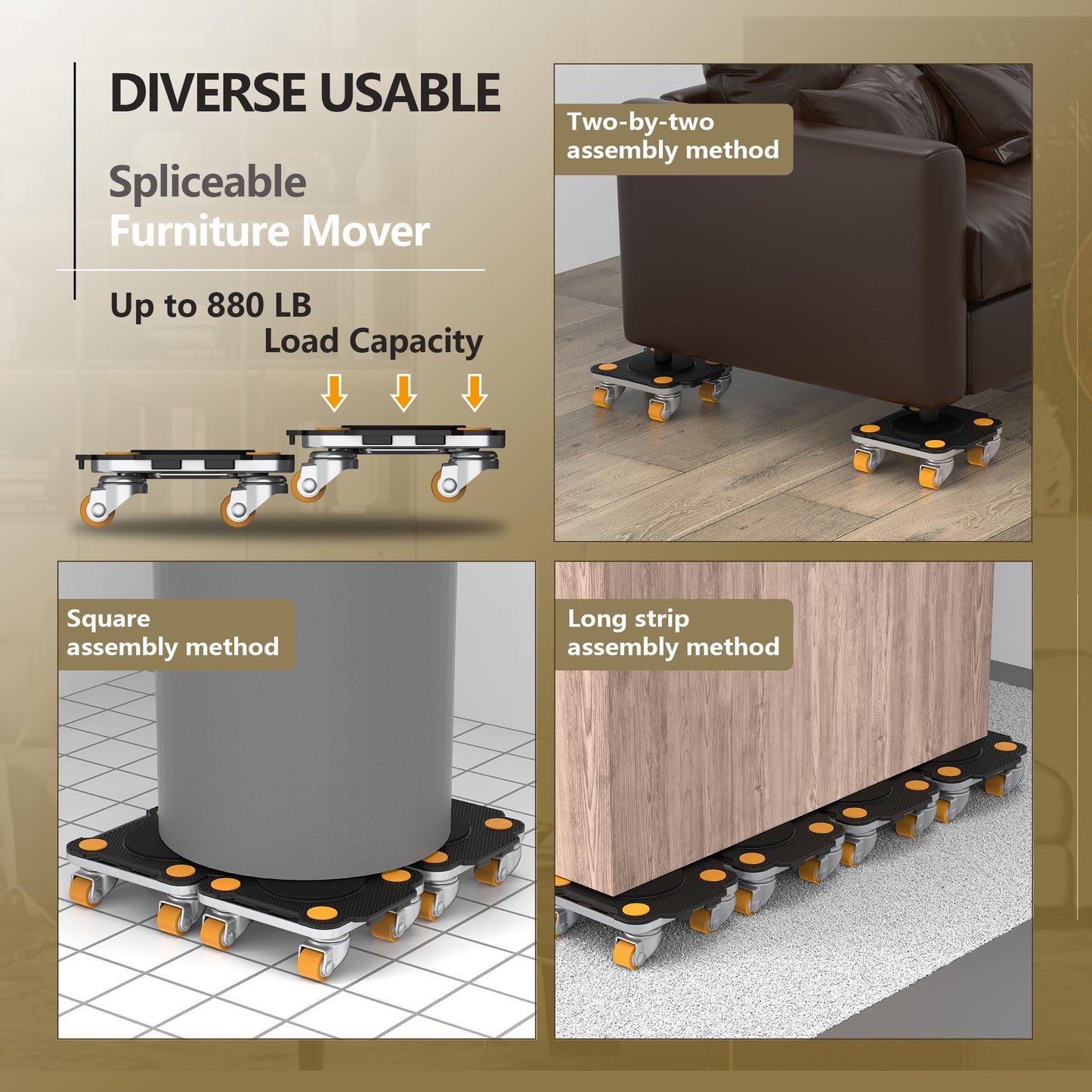 ONEON Furniture Mover Pro Set - Enhanced Dolly and Lifter with Custom TPE Wheels for Easy Furniture Lifting and Moving - Professional Tool for Effortless Furniture Transport (Black 4Dollies + 1Lifter)
