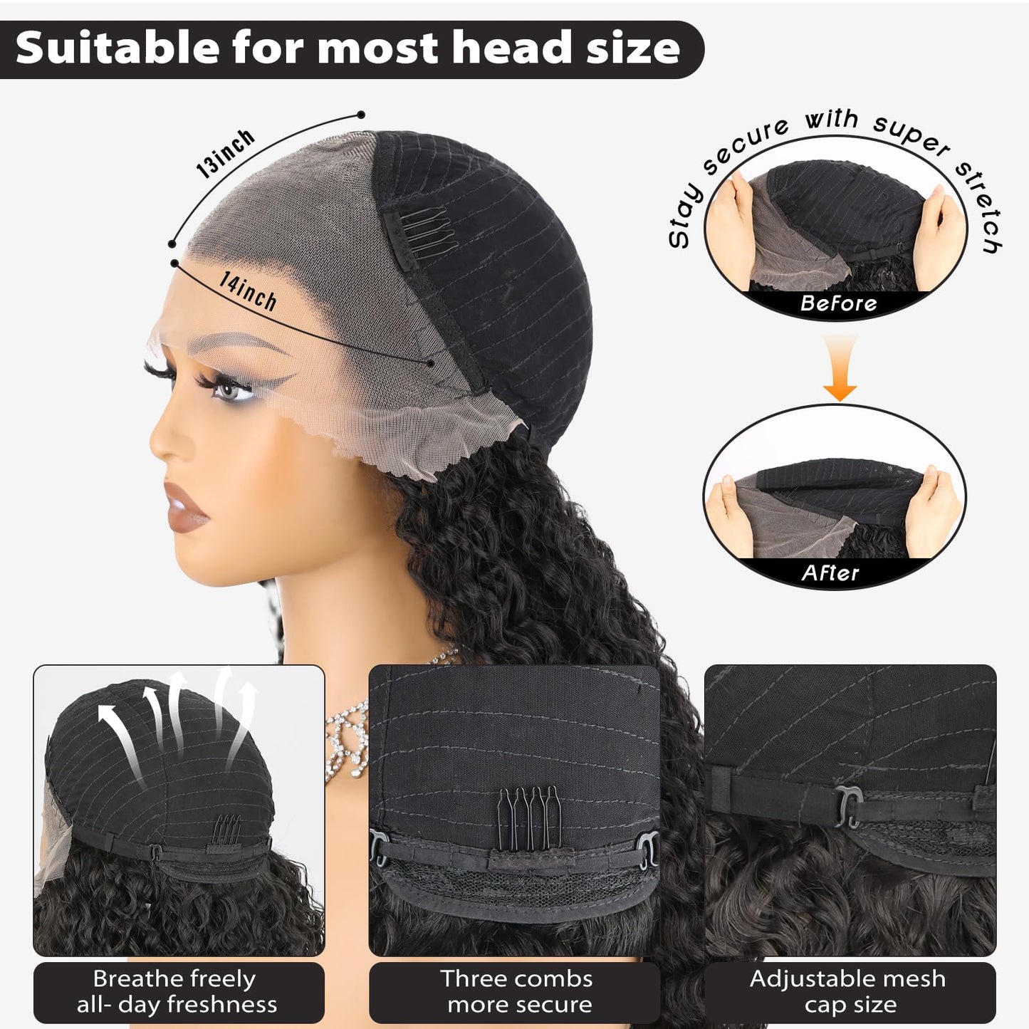 13x4 Black Synthetic Lace Front Wigs for Women 24 inch Long Curly Wavy Wig with Baby Hair Pre Plucked Heat Resistant Wig for Daily Use