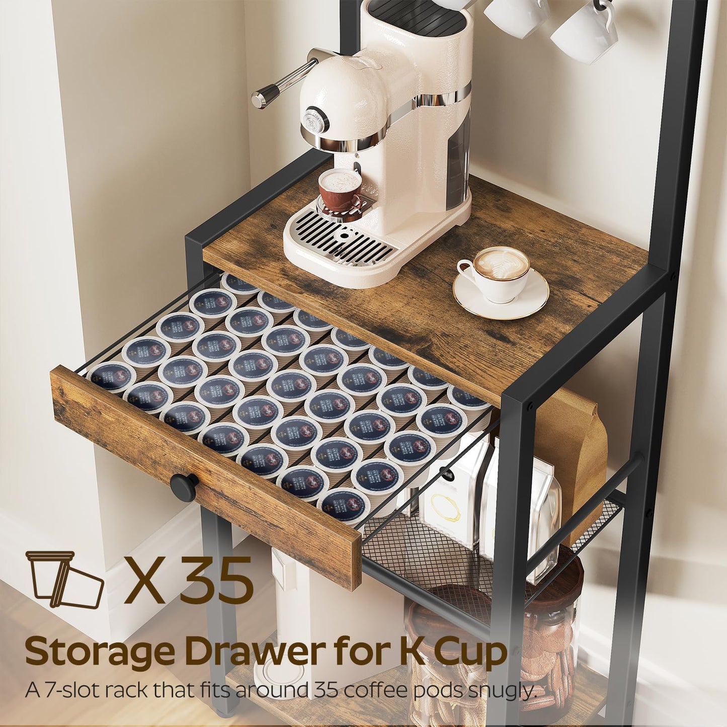 YATINEY Bakers Rack, 5-Tier Coffee Bar Station, Coffee Stand with Pod Drawer Holder, Versatile Kitchen Storage Rack with 4 Hooks, for Living Room, Cafe Corner, Rustic Brown and Black KF01BRY1