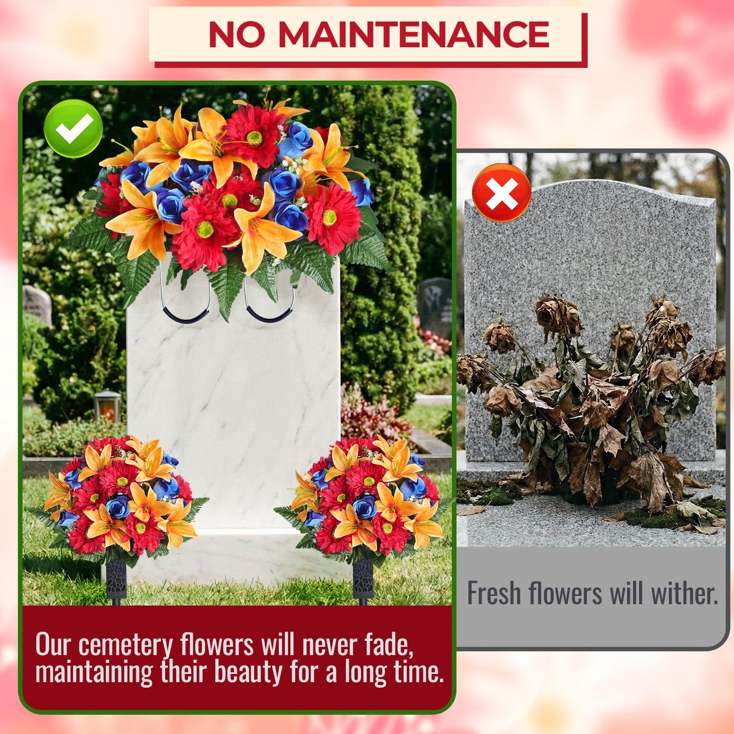 jabeick 3 PCS Artificial Cemetery Flower Saddles, Cemetery Memorial Flowers with Vase for Outdoor Grave Tombstone Decorations, Lily Rose Gerbera Headstone Flowers Saddle
