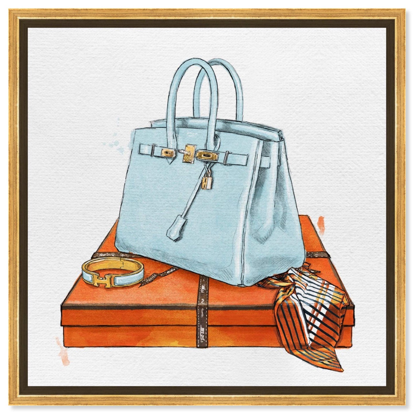 The Oliver Gal Artist Co. Fashion and Glam Framed Wall Art Canvas Prints 'My Bag Collection I' Handbags Home Décor, 12 in x 12 in, Gold Floater