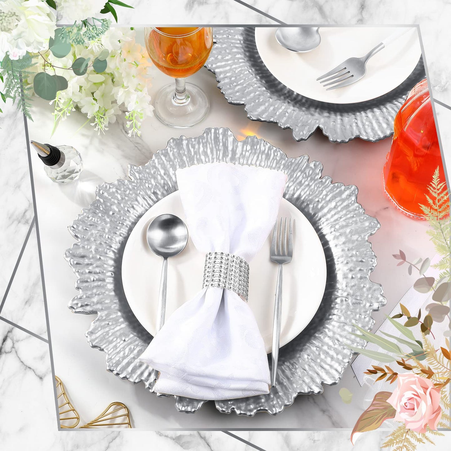 50 Pcs 13 Inch Charger Plates Bulk Plastic Plate Chargers with Floral Reef Design Round Ruffled Rim Dinner Charger Plates for Dinner Wedding Party Event Table Setting Decor (Silver)