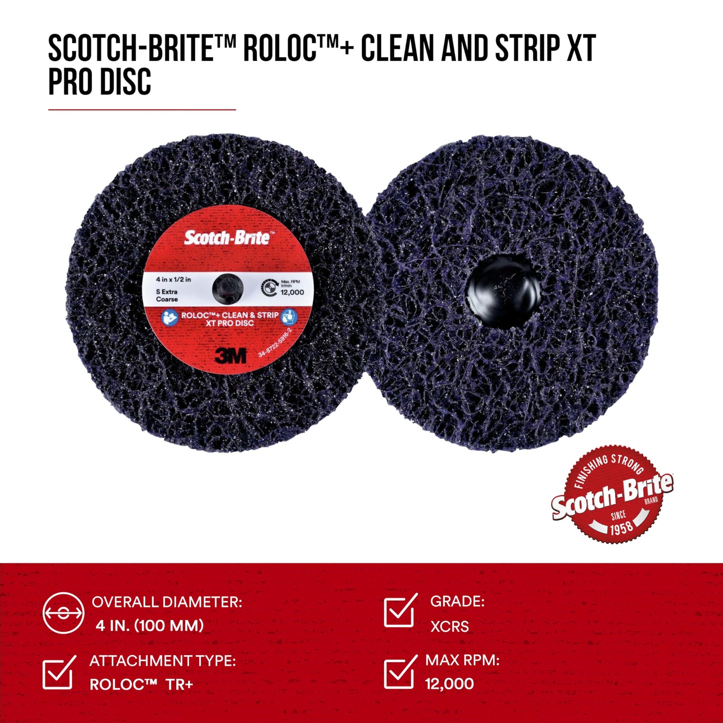 3M Scotch-Brite Clean and Strip XT Pro Disc, 4 in x 1/2 in, Roloc+, Metal, Rust and Paint Stripping Disc, Extra Coarse, Pack of 10