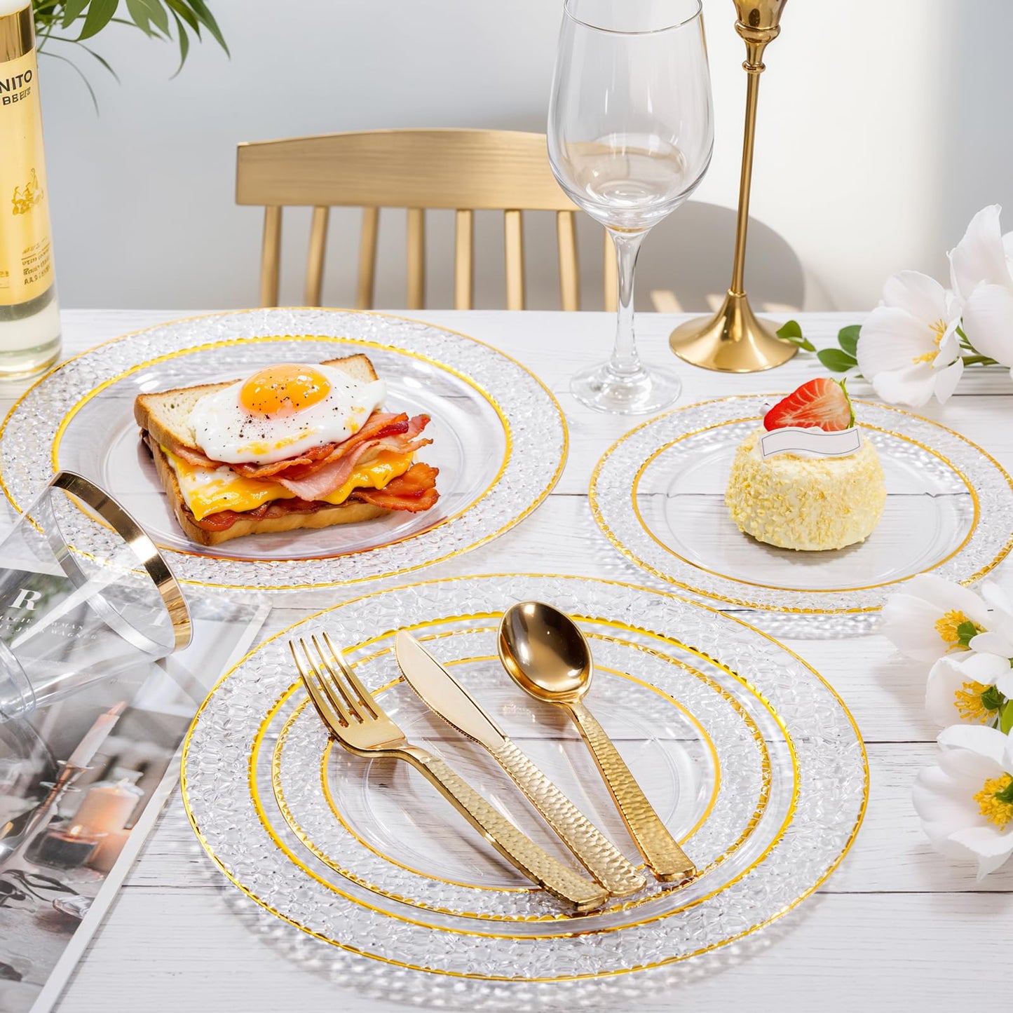 Nervure 102PCS Gold Plastic Plates - Disposable Clear Gold Party Plates Include 51PCS 10.25inch Dinner Plate & 51PCS 7.5inch Dessert Plate Perfect for Wedding & Party & Thanksgiving