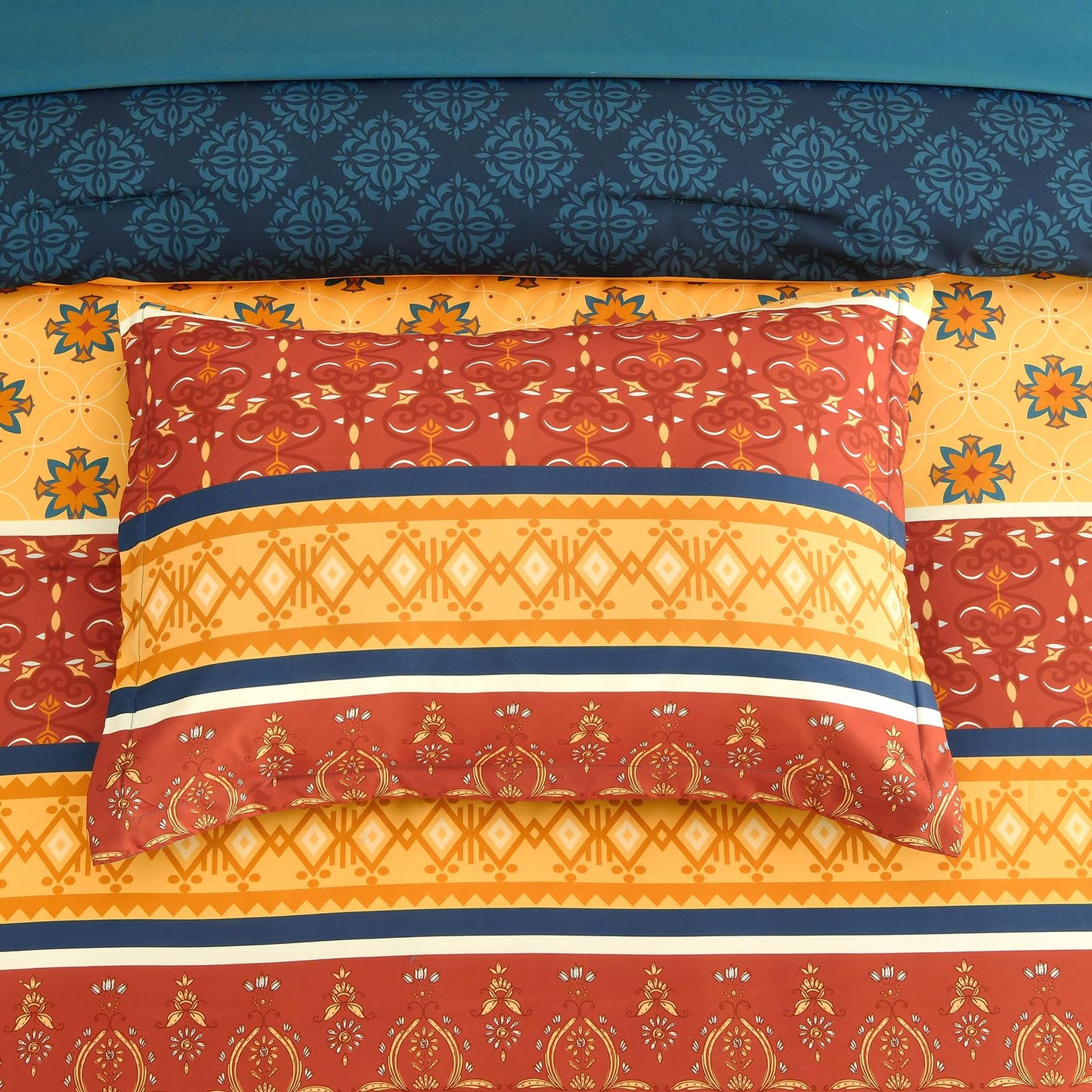 WONGS BEDDING Boho Comforter Set Queen Size,7 Pieces Bed in a Bag Bohemian Striped Bedding Set,Burnt Orange Paisley Floral Comfortet and Sheet Set,Soft Microfiber Bedding Sets for All Season