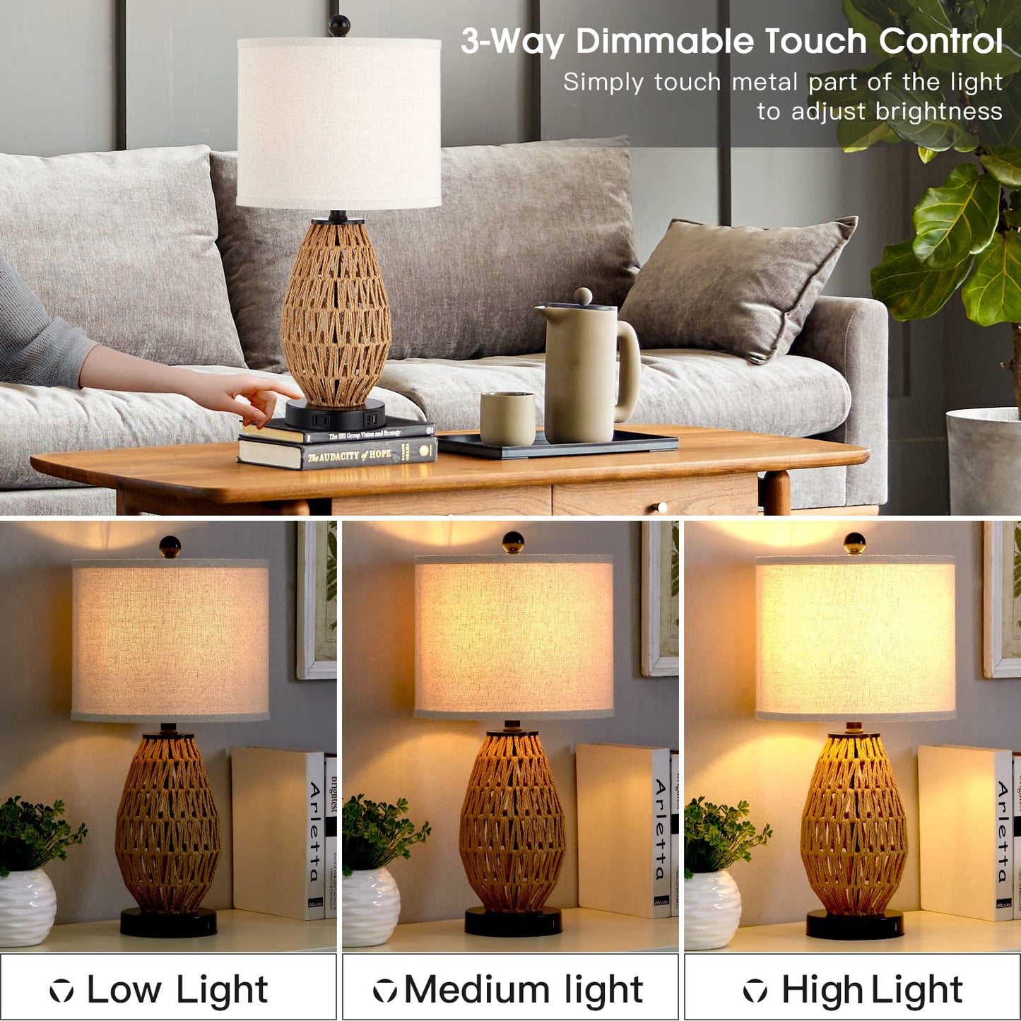 CINSARY Touch Control Rattan Table Lamps, 3 Way Dimmable Bedside Lamps for Bedroom Set of 2 with 2 USB Ports and AC Outlet, Wicker Nightstand Lamps for Living Room (LED Bulbs Included)