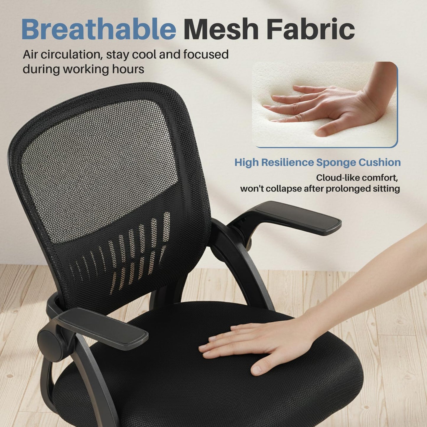 DUMOS Home Office Computer Chair - Ergonomic Mid Back Desk with Lumbar Support and Rocking Mode, Height Adjustable with Flip-up Armrest, for Conference Meeting Room, 360° Swivel, Adults, Black