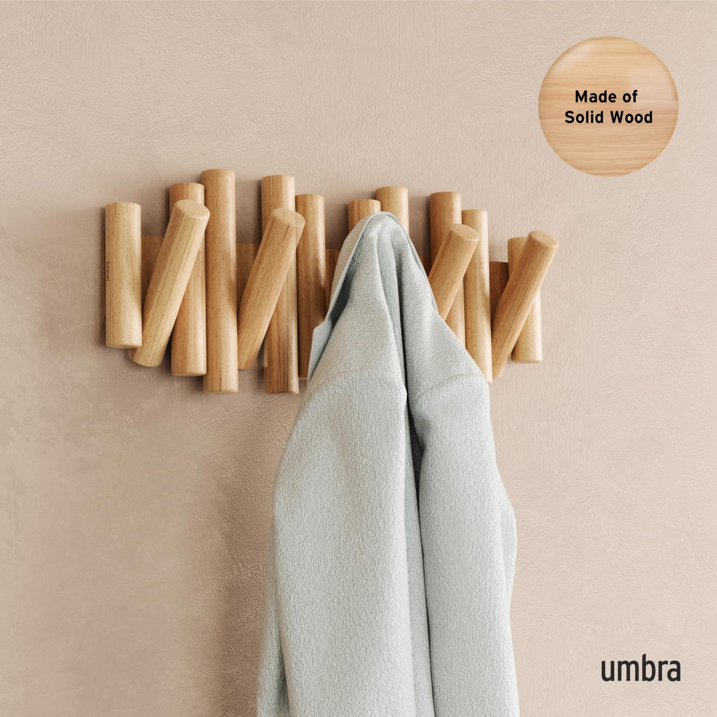 Umbra Picket Coat Rack Wall Mount – 5 Flip-Down Wood Coat Hooks, Modern & Functional Storage, Easy Install Wall Hooks, Natural