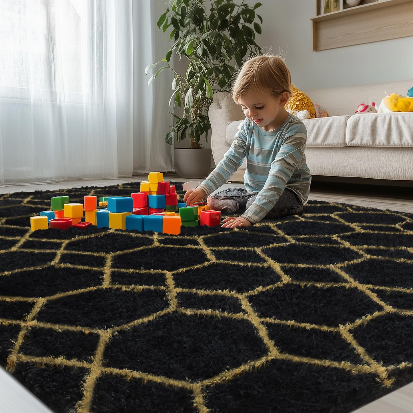 ARKIIKI Large Rugs for Living Room, 8x10 Black Fluffy Bedroom Area Rug, Shag Geometric Soft Fuzzy Carpets Big Kids Room Rug, Non-Slip Plush Modern Rug for Office Home Decor Aesthetic, Black/Gold