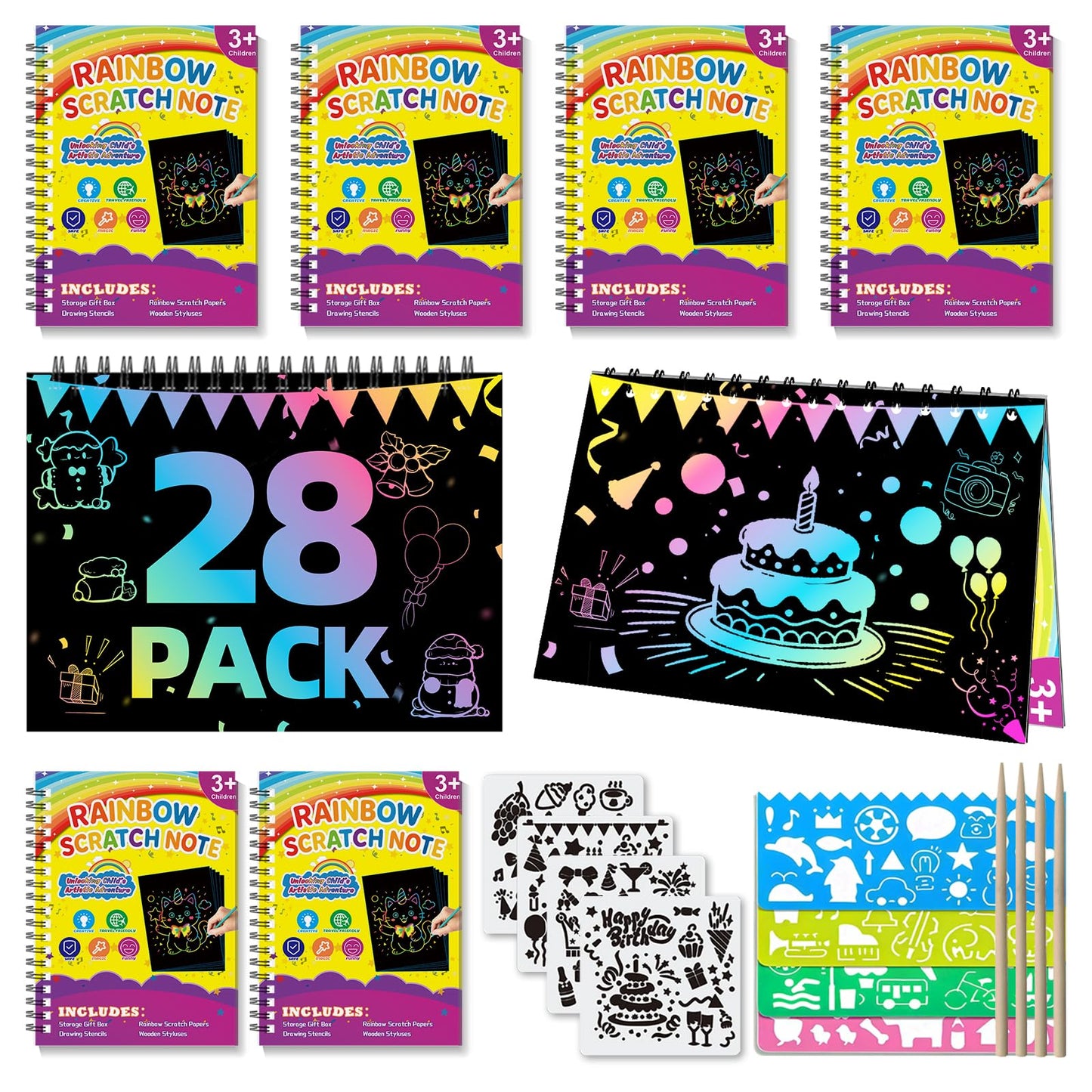 HXDOGSP Scratch Art for Kids: 28 Pack Rainbow Scratch Notebook for 4-8 Years Old Children, Kids Party Accessories, 8 Page