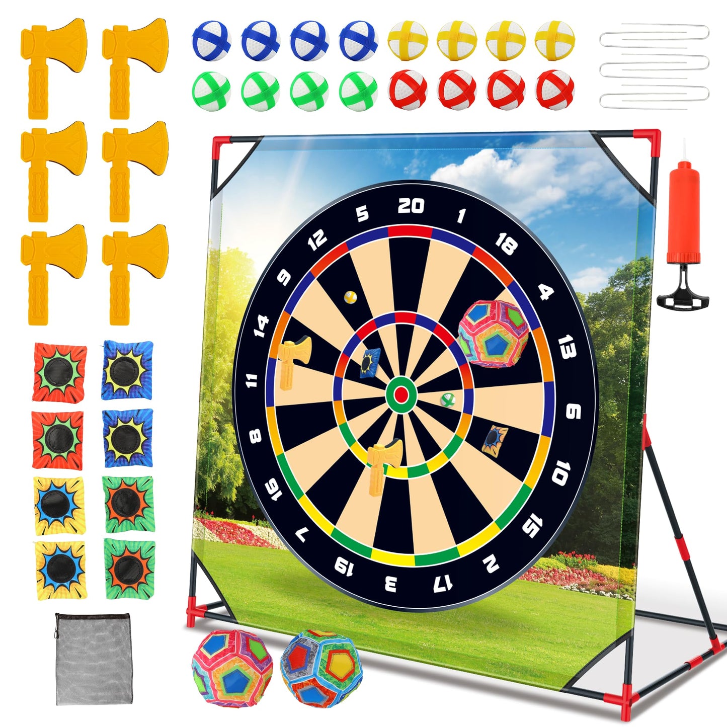 Vitality Sports Golf Chipping Game with Stand - Golf Target Battle Games with Putting Mat, 12 Sticky Balls, 6 Axes, 2 Soccer Balls, 8 Bean Bags, Axe Throwing Game for Backyard