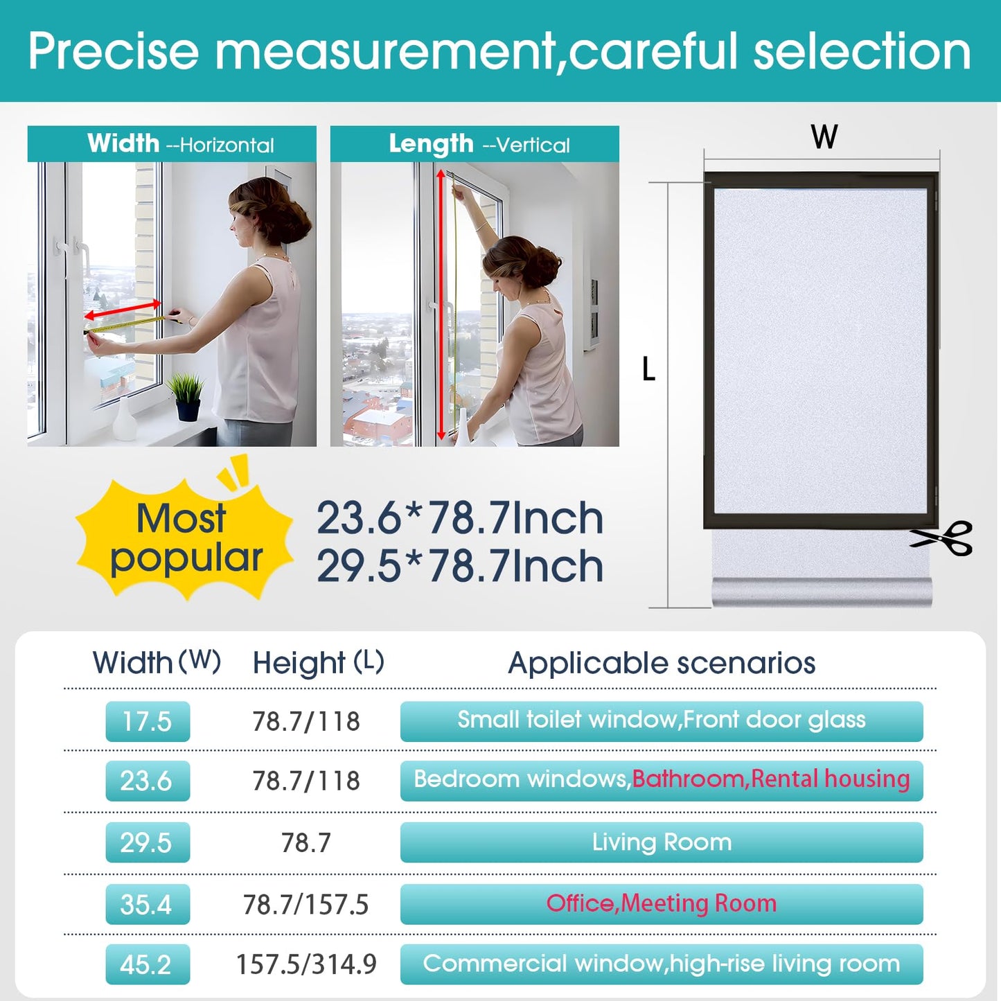 Coavas Window Privacy Film Frosted Glass Static Cling UV Sun Blocking Heat Control Window Tint Day and Night Insulation Home Bathroom Door Decorative Frosting Cover (23.6 x 78.7 Inch, Pure)