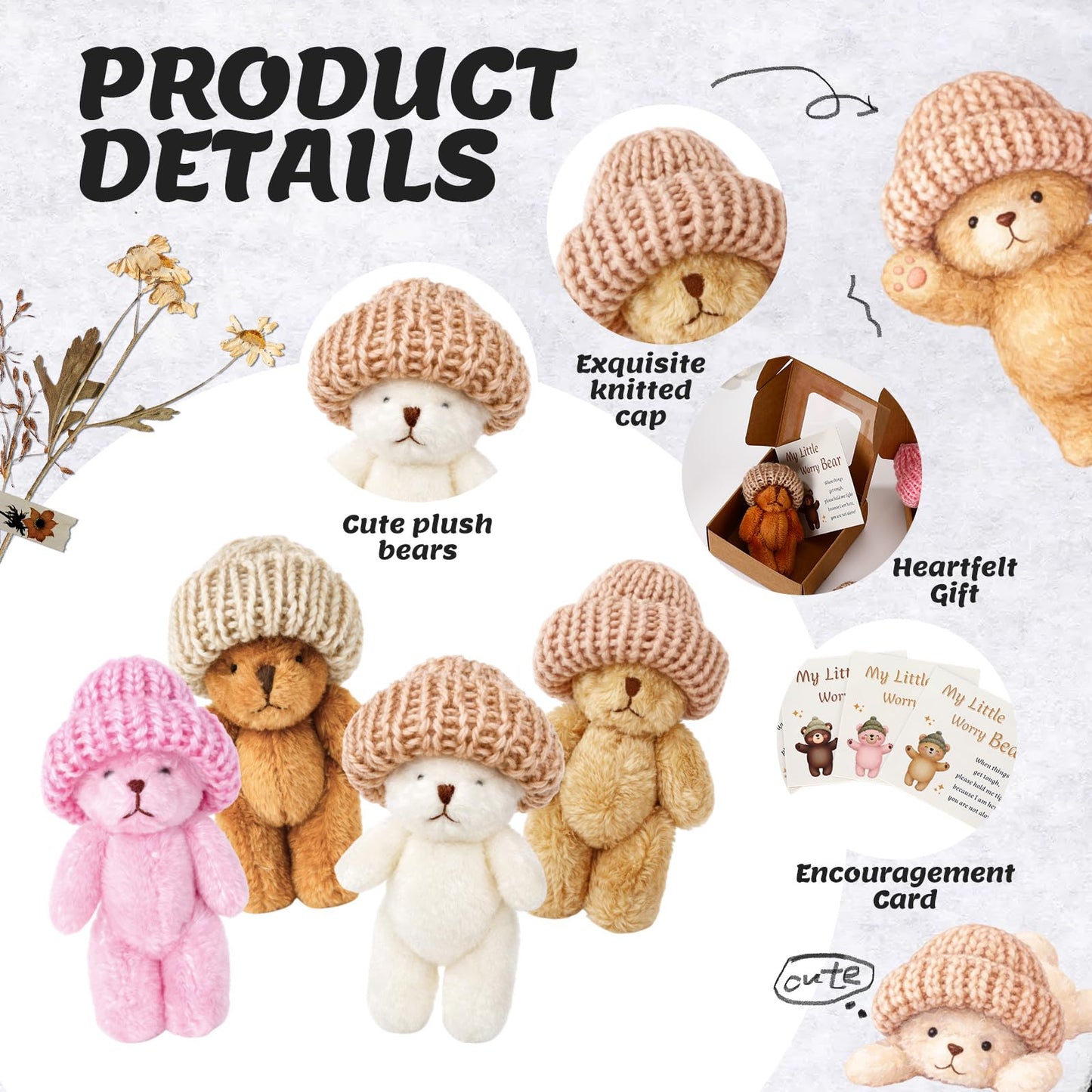 24 Sets Mini Worry Bear Plush in Box Little Worry Bears Bulk with a Hat Handmade Soft Pocket Teddy Bears with Encouragement Card Stress Relief Toys Party Gift for Backpack, Friend, Coworkers