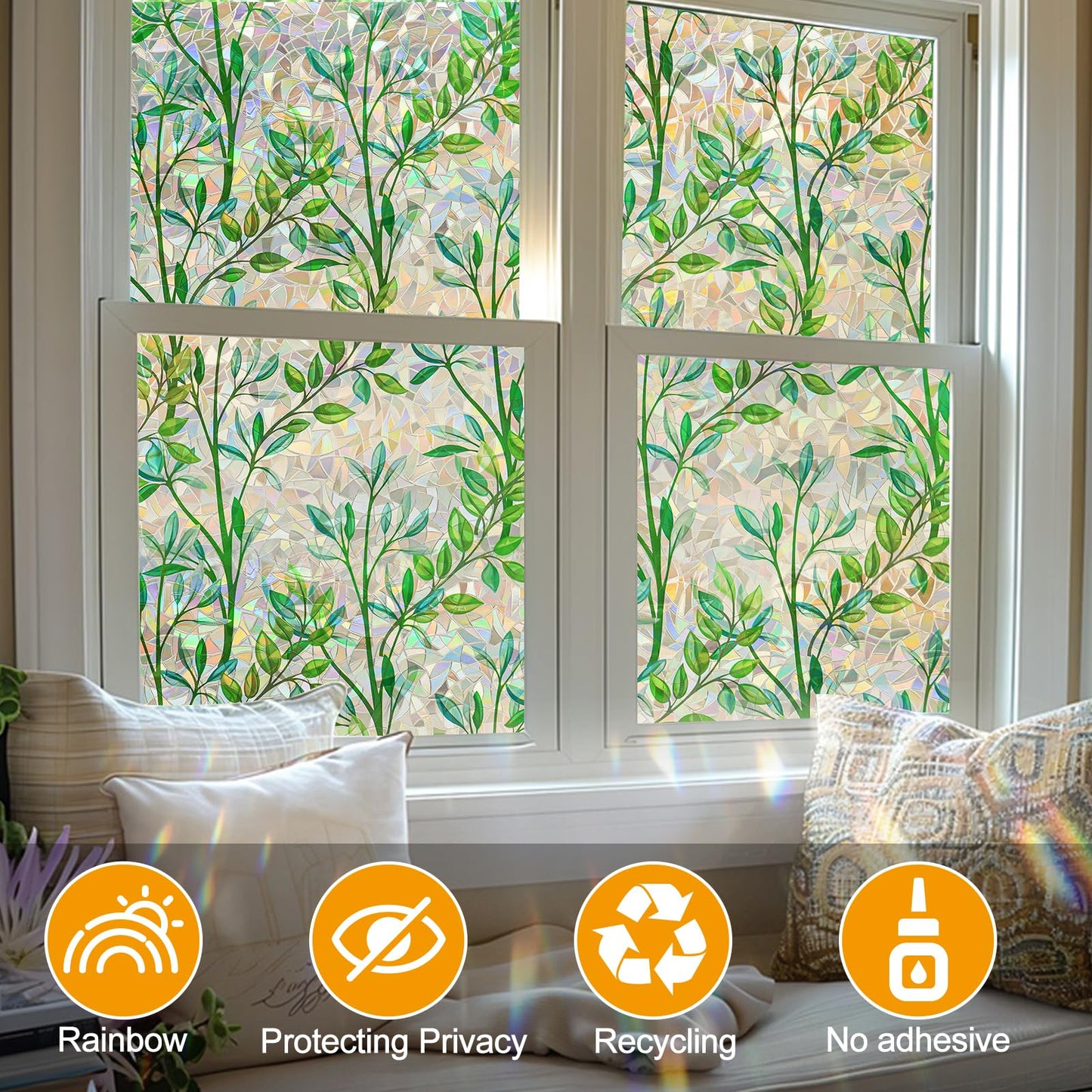 Countewol Window Privacy Film Stained Glass Window Film Rainbow Window Film Window clings Non-Adhesive Reusable Decorative for Room (Leaf Rainbow, 35.4 x 157.4 in)