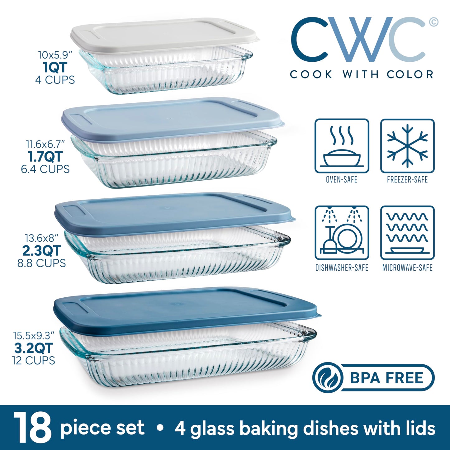 COOK WITH COLOR 8-Piece Deep Glass Baking Dish Set with Plastic Lids – Casserole and Food Storage Containers for Lasagna, Leftovers – Freezer-to-Oven, Microwave & Dishwasher Safe, Fluted Blue
