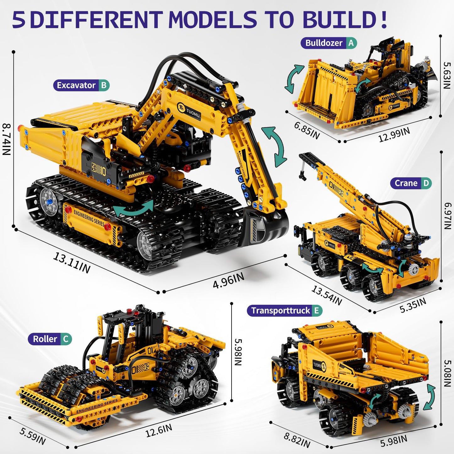 DOLIVE 5 in 1 STEM Building Block Set for Kids Ages 8-14, Remote & App-Controlled Engineering Vehicles, Creative Birthday for Boys Girls Aged 8 9 10 11 12+ (452 PCS)