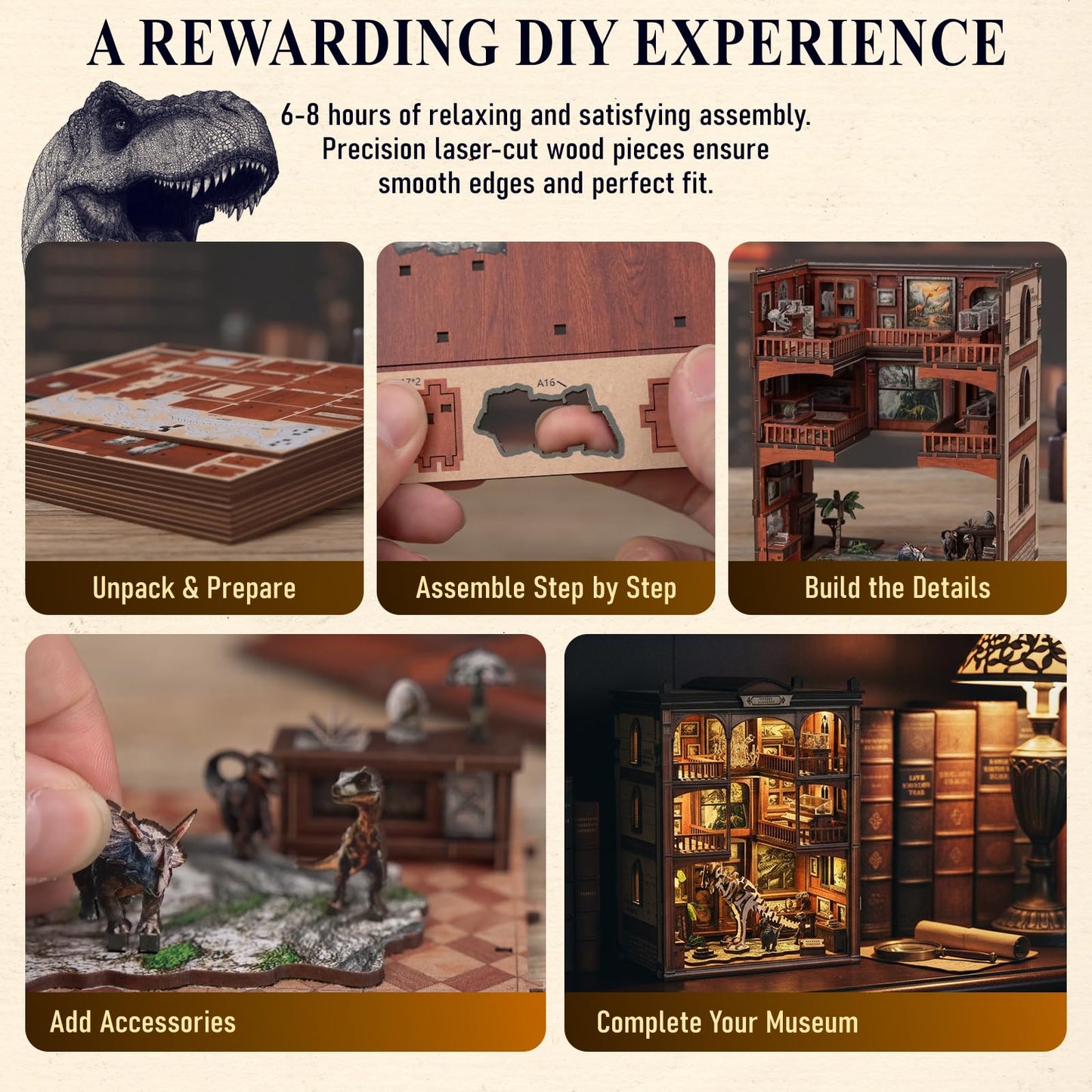 3D Puzzles for Adults DIY Book Nook Kit - Wooden Bookshelf Decor Miniature House Kit, Book Nook for Bookshelf with LED Light, Dinosaur Fossil Museum Bookend Craft Gift for Teens