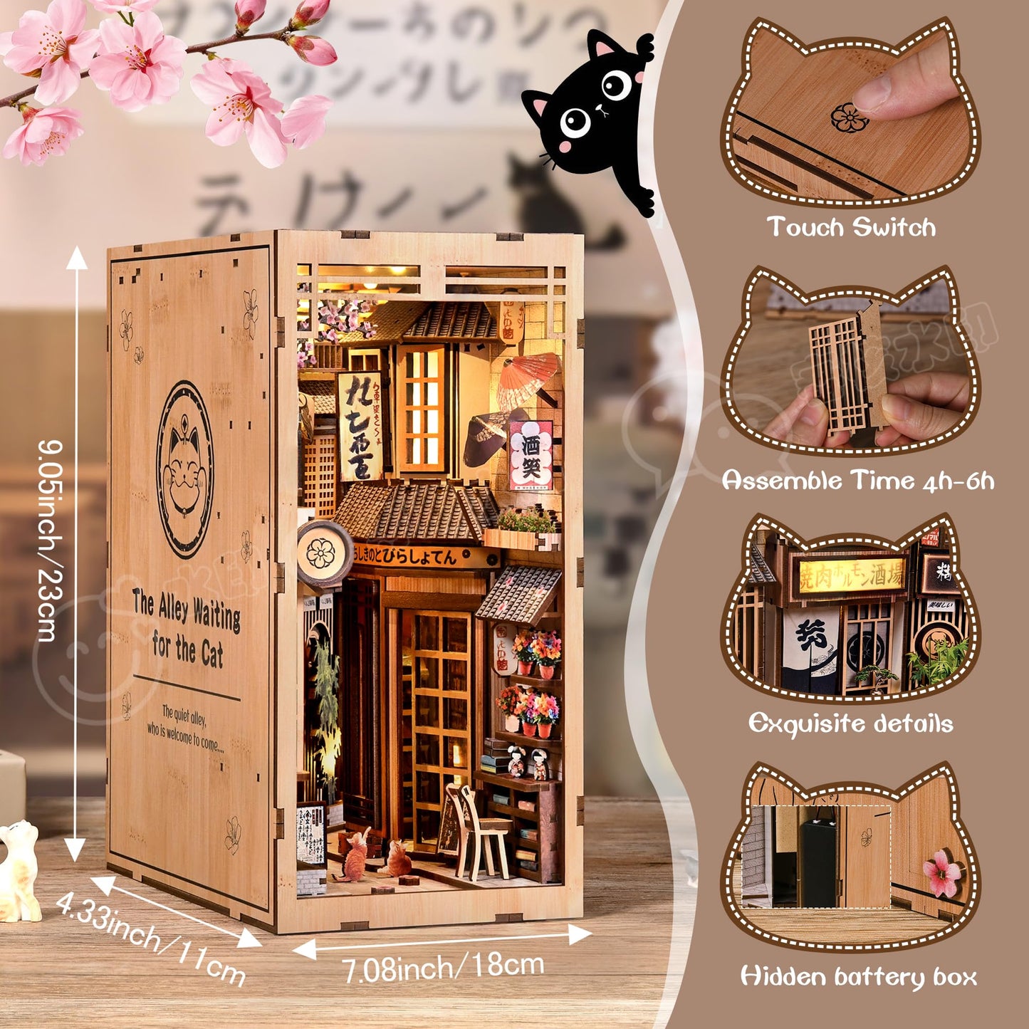 Soothee DIY Book Nook Kit, Japanese Alley Waiting for the Cat Theme, Wood Miniature Model with LED Lights, 3D Puzzle for Adults