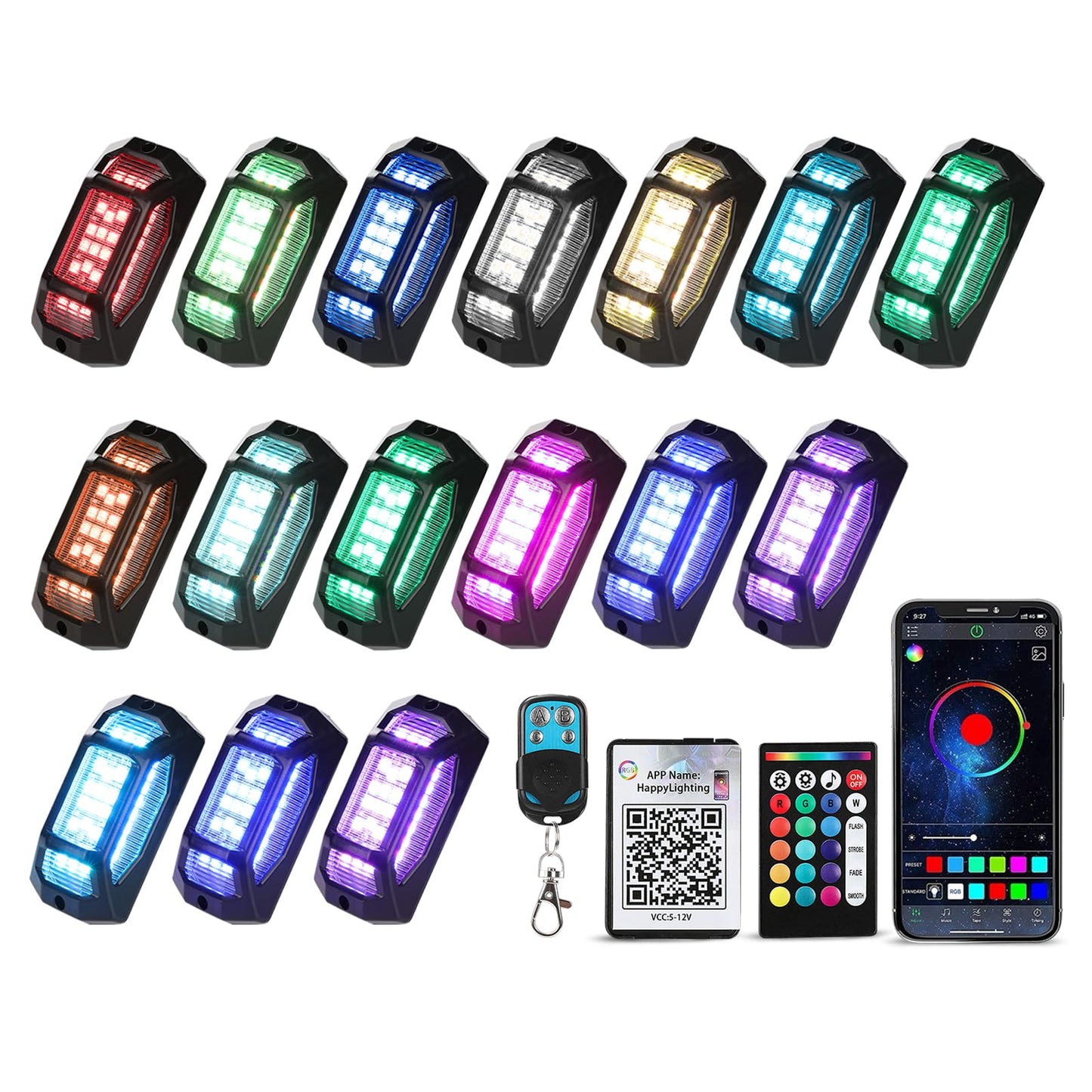 16 Pods 5-Sided RGB Rock Lights for Trucks Cars - IP67 Waterproof Exterior Underglow Neon Kit, Music Sync APP + RF Remotel, Easy No-Drill Install, Universal Fit for SUVs/Off-Road/Daily Use