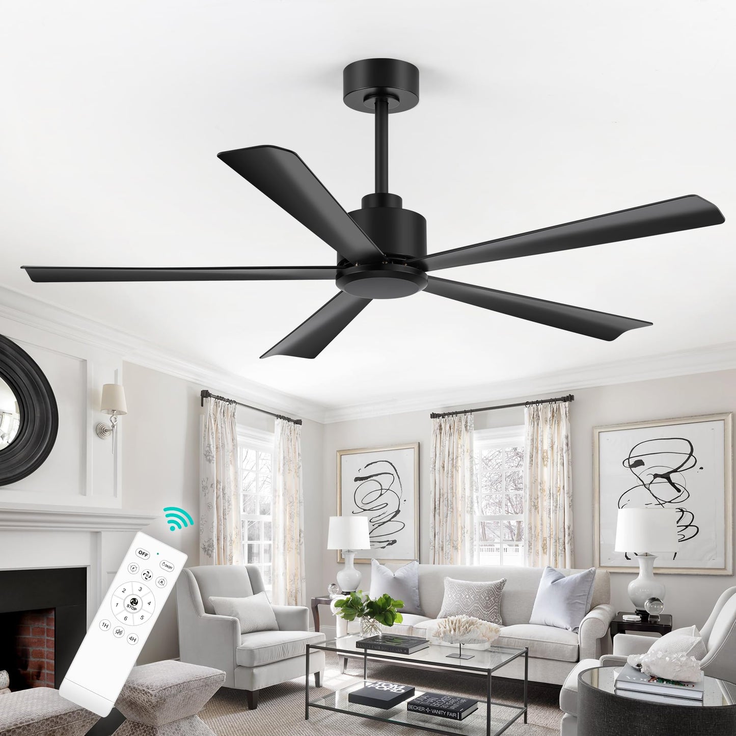 52 inch 5 Blade Ceiling Fans without Light Remote Control, Quiet Reversible DC Motor, 5 Black Blades, 6-Speed, Industrial Ceiling Fan for Home Kitchen (Black)