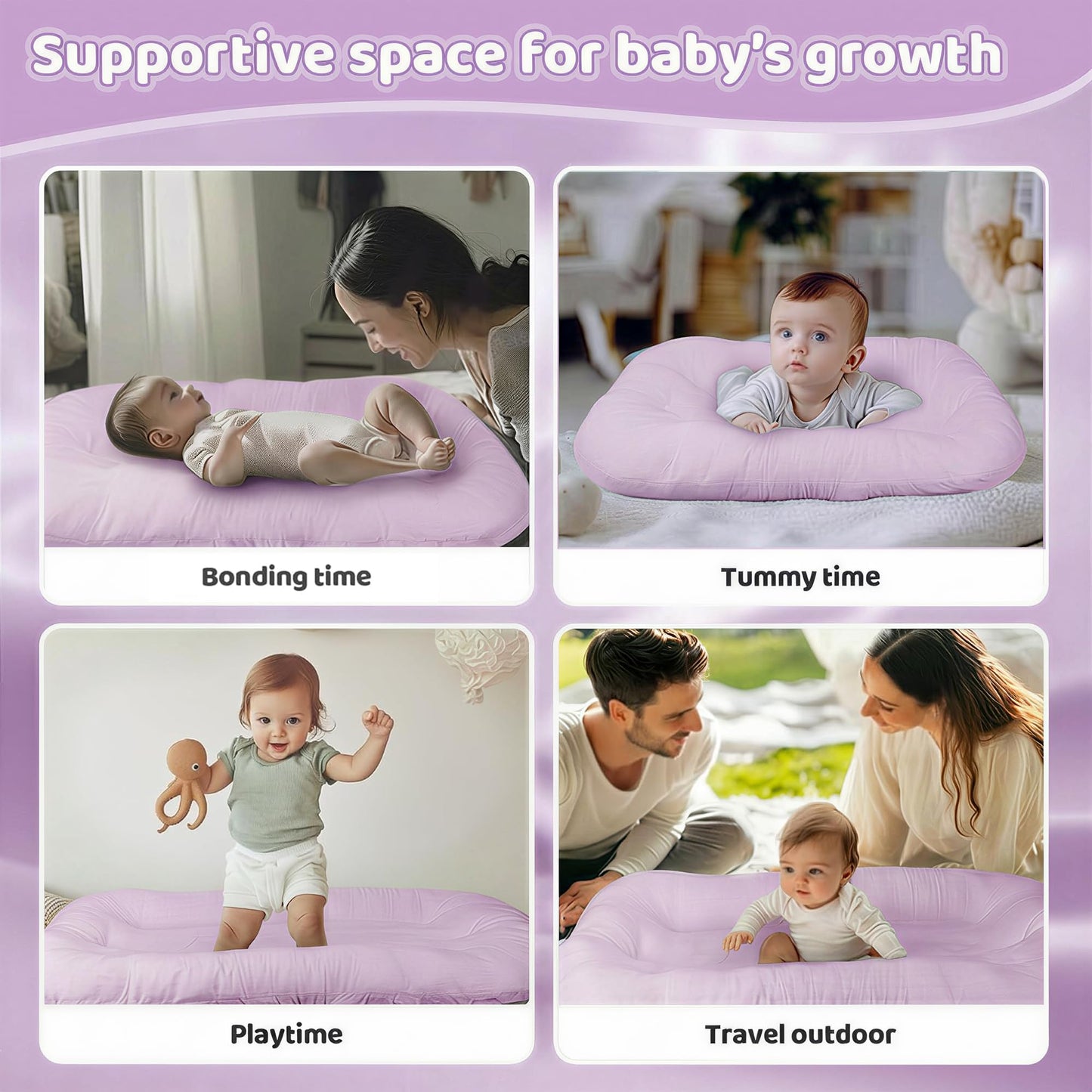 Cpzzkq Infant Support Cushion - Baby Support Cushion for Newborn, 0-24 Months, Portable Tummy Time Mat for Home and Travel, Soft Cotton, Supervised Use, Baby Essentials Gift, Purple (Cover Included)