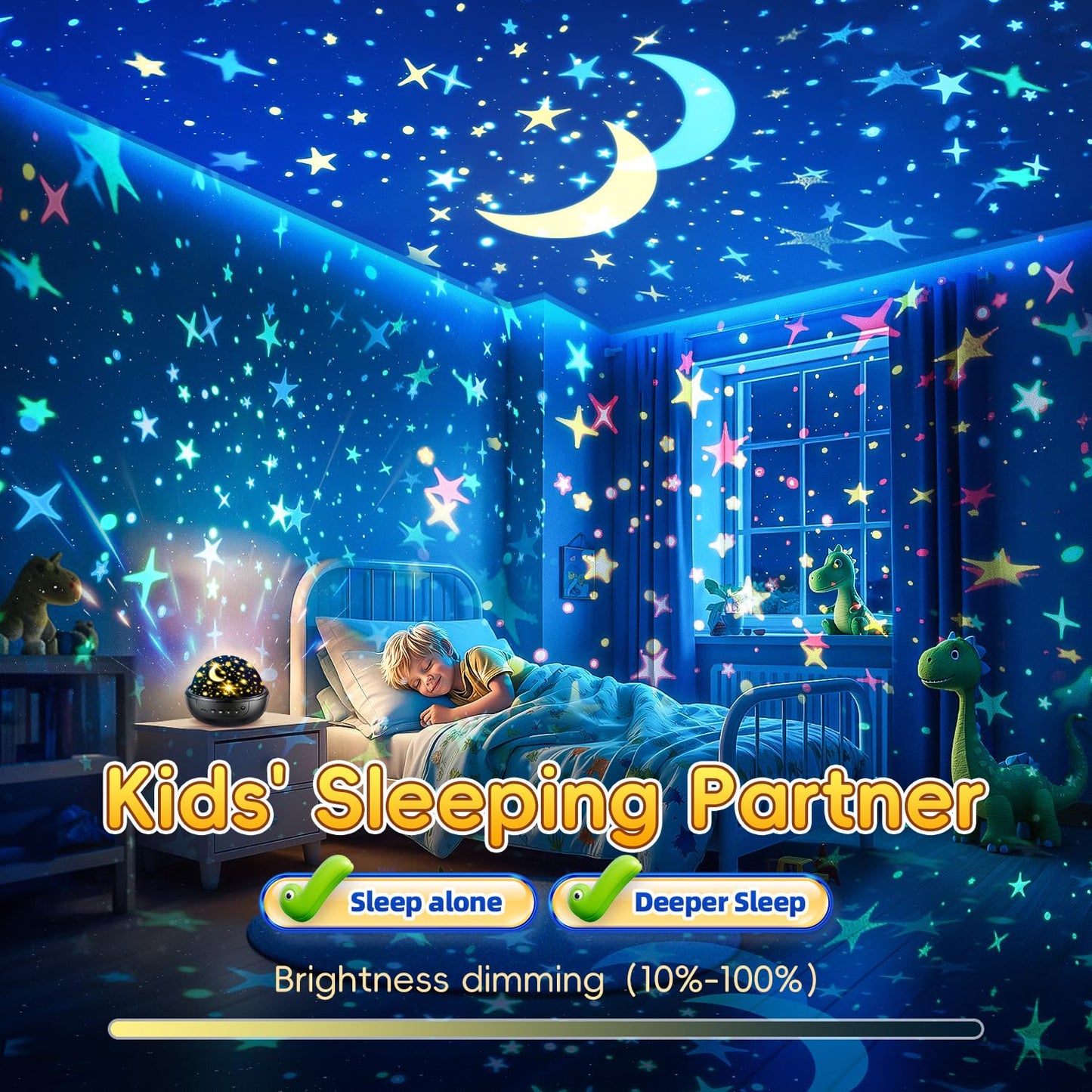 Kids Night Light Projector with 3 Films & 93 Effects, Remote & 3 Timer - Rotating Dinosaur Night Light for Kids' Room