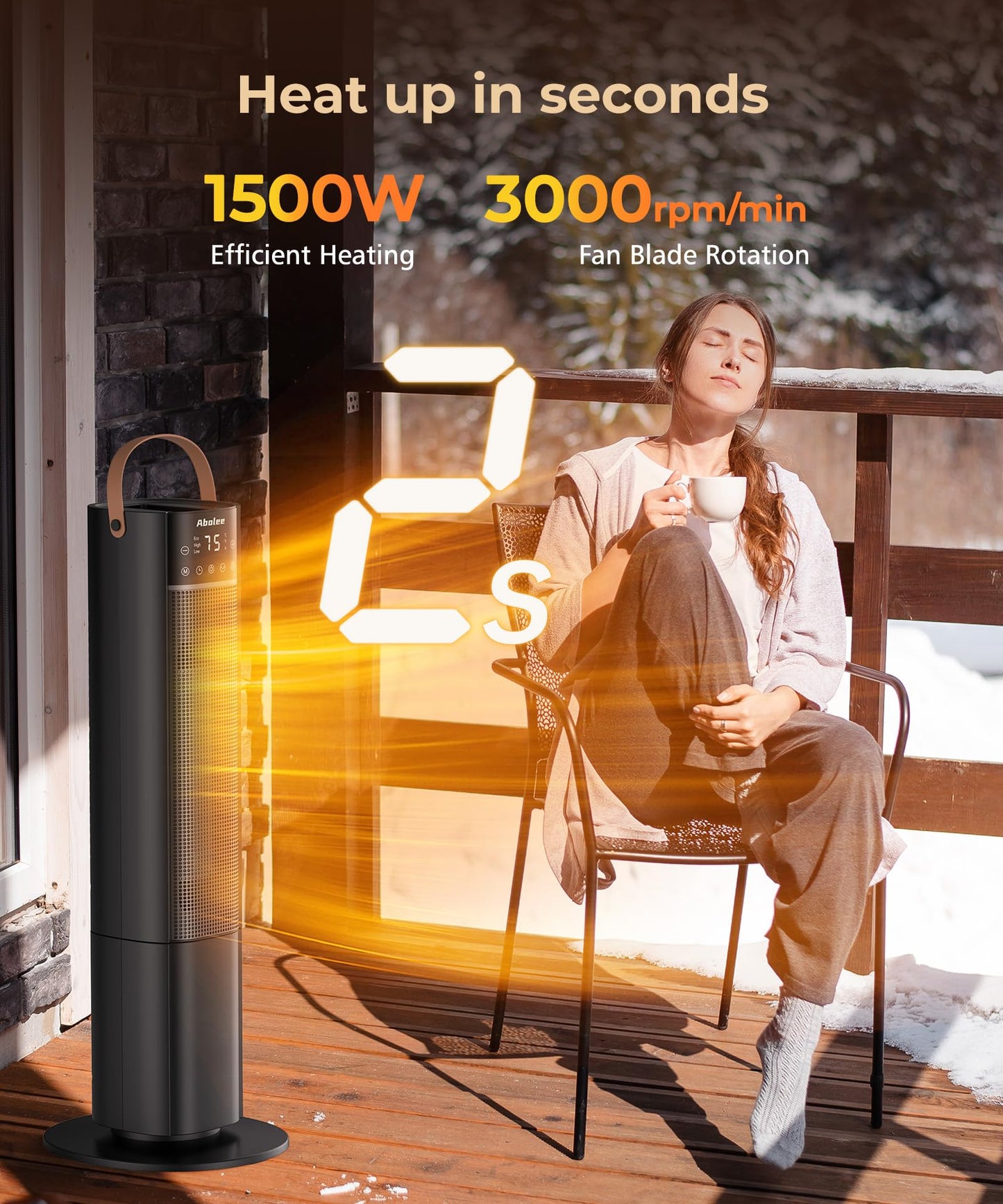 Abolee Space Heaters Indoor Use, 26" 12ft/s Electric Heater with Remote, 1500W Tower Heater with 75°Oscillation, 1-12H Timer, PTC Electric Heater for Large Room, Bedroom Home Office