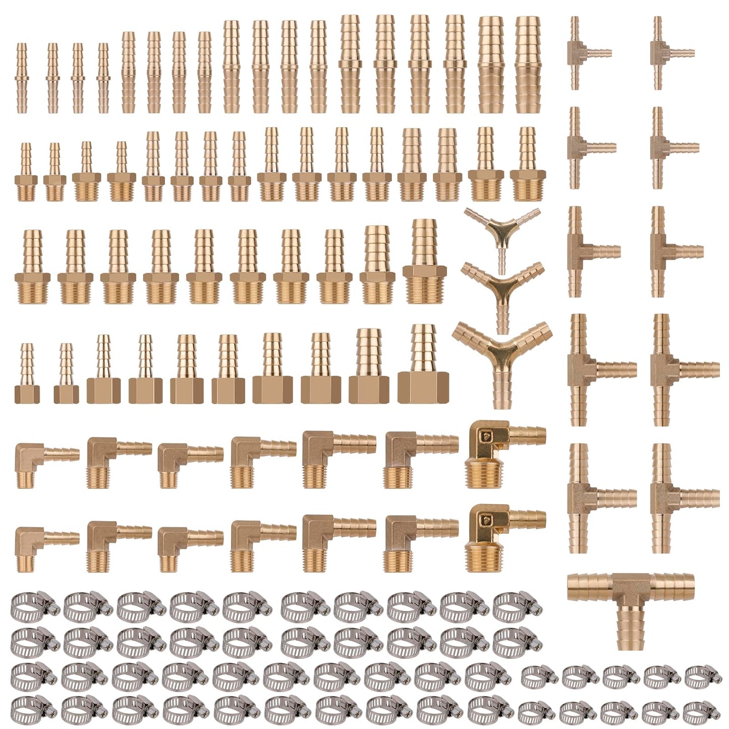 KOOTANS 132pcs Brass Hose Barb Fittings Assortment Kit Barb Splicer, Male Coupler, Female Adapter, 90° Male Elbow, Tee, Y Shaped Union Air Hose Fittings with Clamps for Water Fuel Air Line Connector