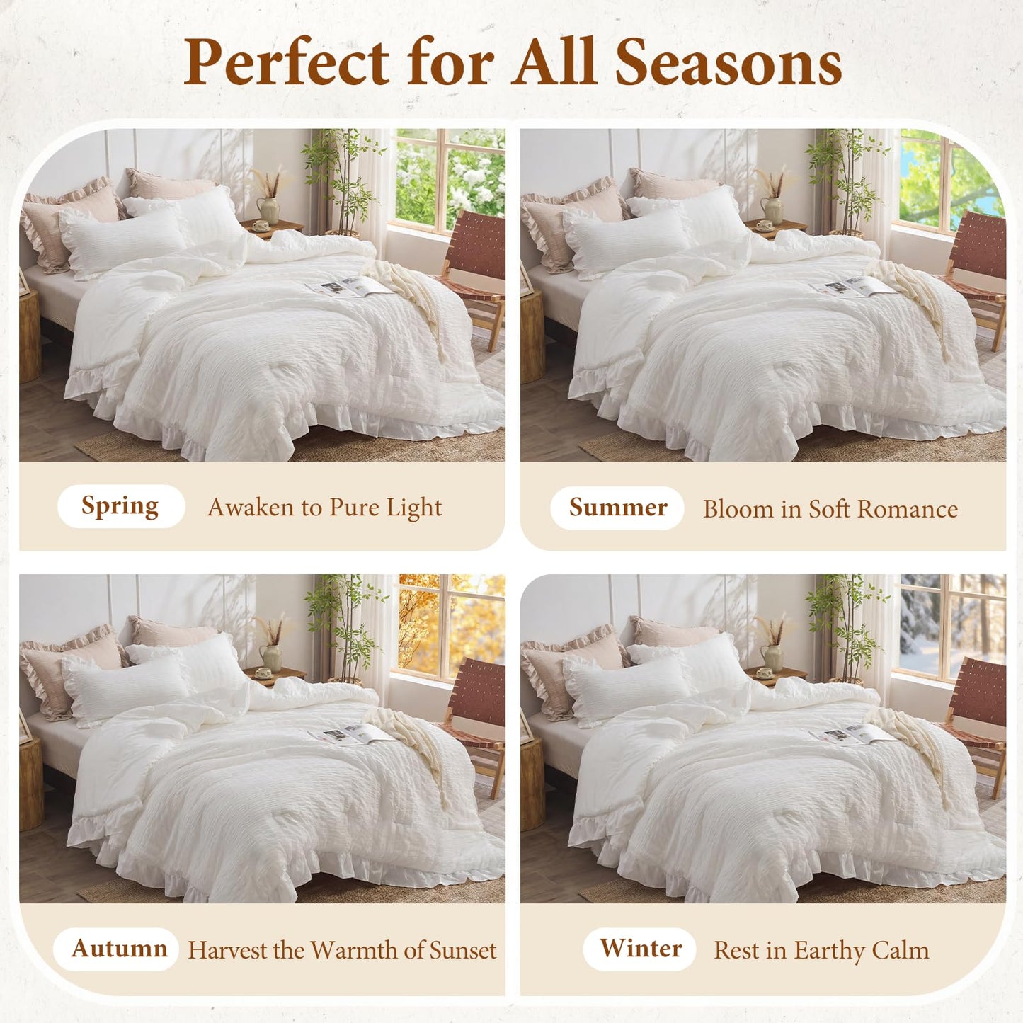 JOLLYVOGUE White Comforter Full Size, 3 Pieces Seersucker Lightweight Full Size Bedding, All Season Fluffy Microfiber Bedding Comforter Set with 1 Ruffle Comforter and 2 Ruffle Pillowshams