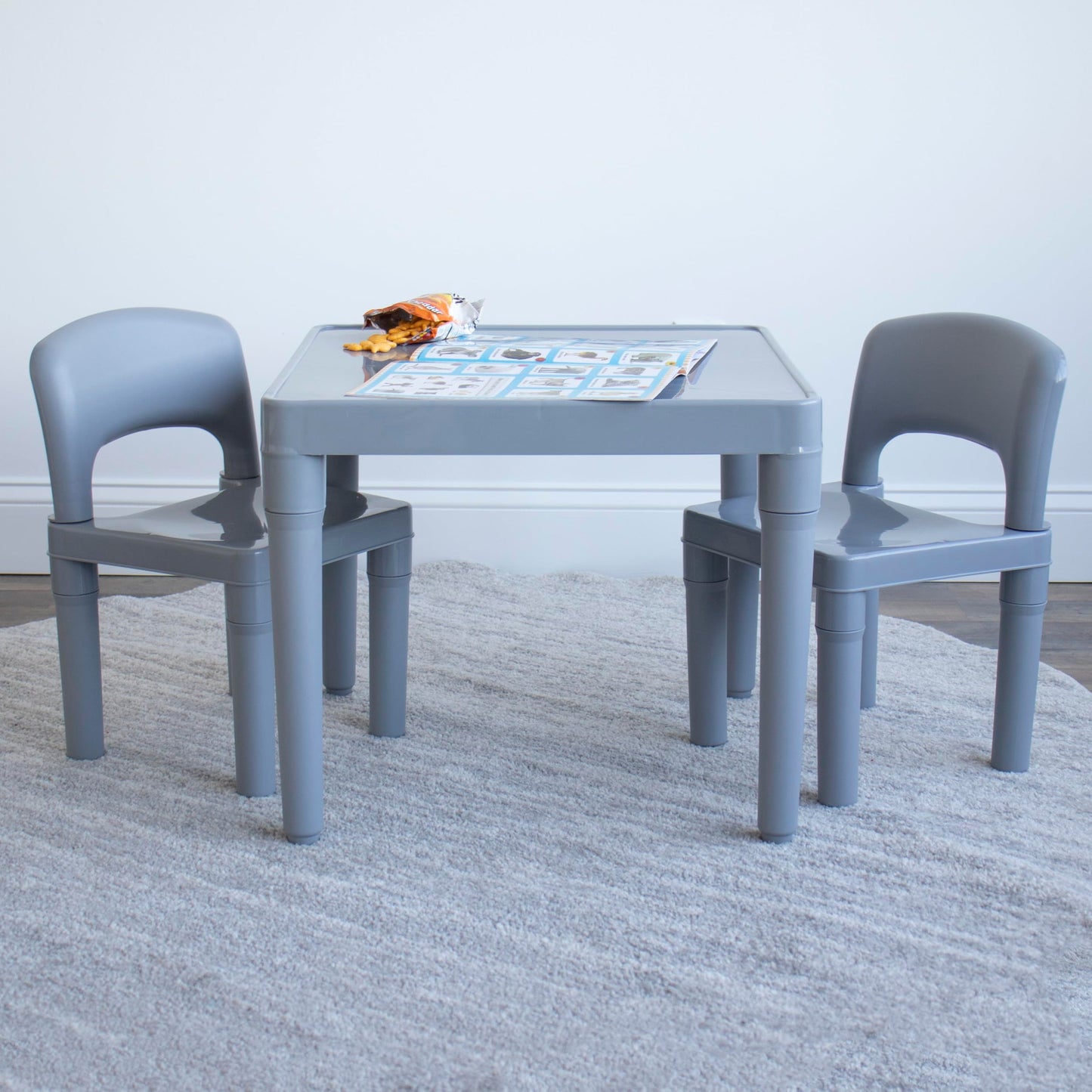 Humble Crew Kids Plastic Table and Chair Set, Toddler Activity Table with 2 Chairs, Lightweight Easy-Clean Kids Desk for Play, Snacks & Crafts, Indoor Outdoor Playroom Furniture, Grey/Grey
