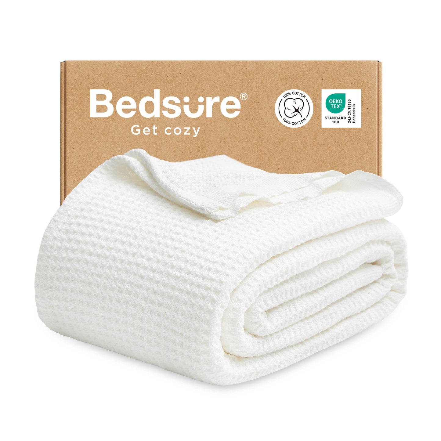 Bedsure 100% Cotton Blanket Full Size for Bed - Cooling Breathable and Soft for Summer, Thick Cozy Waffle Weave Blanket Gifts for Women, White, 80x90 Inches