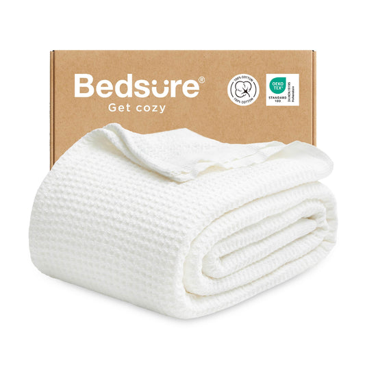 Bedsure 100% Cotton Blanket Full Size for Bed - Cooling Breathable and Soft for Summer, Thick Cozy Waffle Weave Blanket Gifts for Women, White, 80x90 Inches