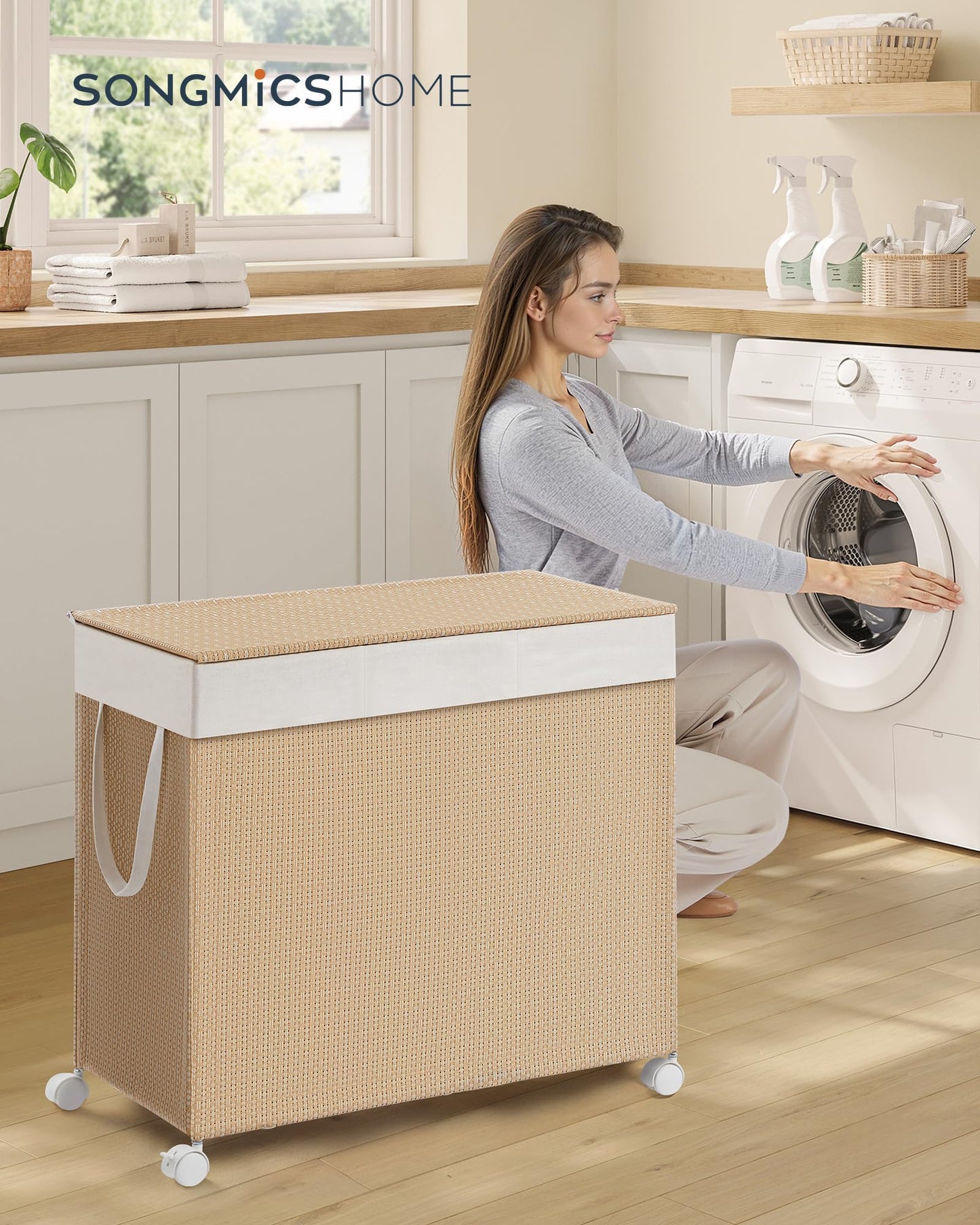 SONGMICS HOME Laundry Hamper with 3 Section, Large 140 L Rolling Laundry Basket with Wheels, Rattan Clothes Basket with Lid, Removable Liner with Handles, Natural Beige and Matte White ULCB602N01