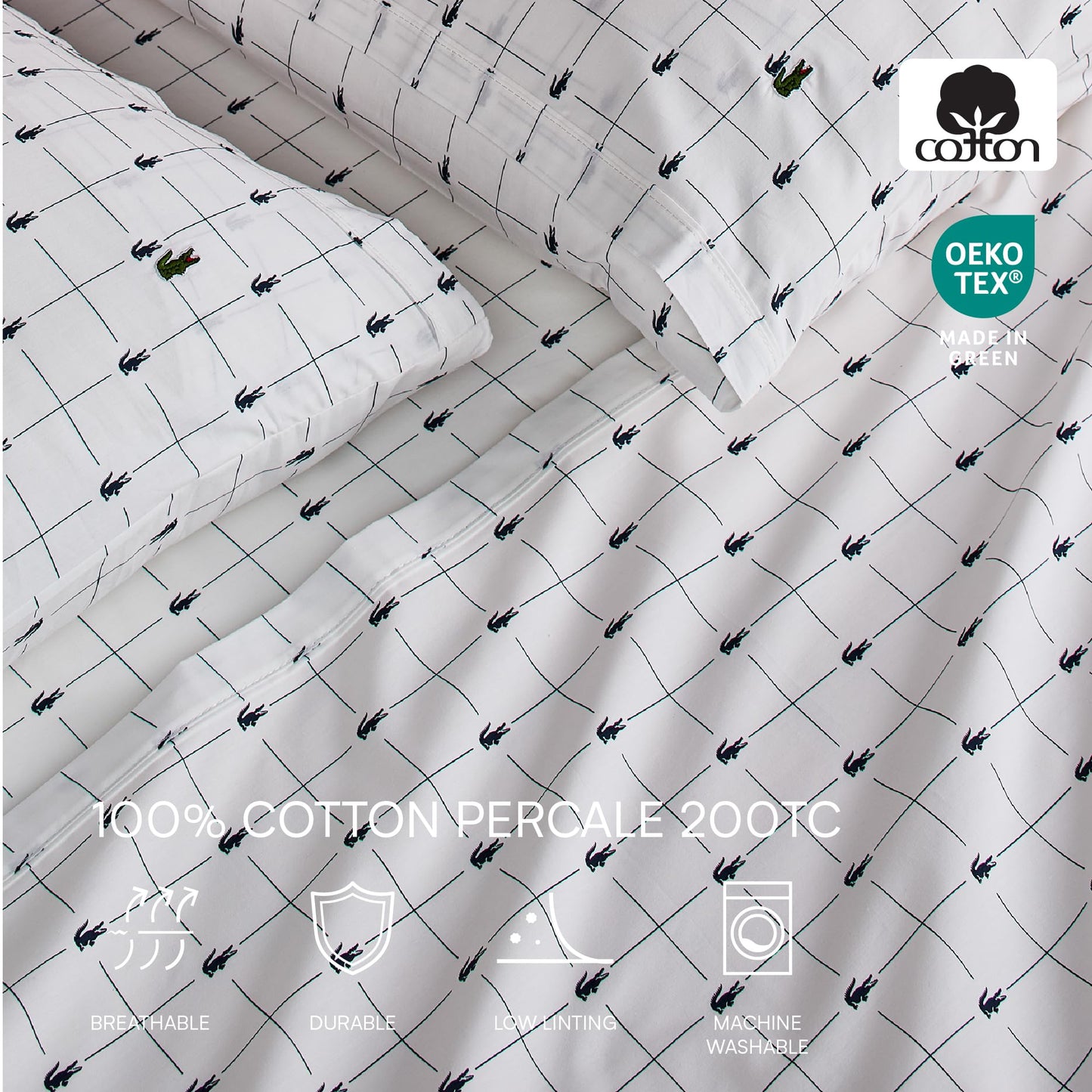 Lacoste Slice 100% Cotton Percale Sheet Set – Cool Crisp Breathable All-Season Bedding, Durable Matte Finish, Oeko-Tex Certified – Printed Design, Navy, Full