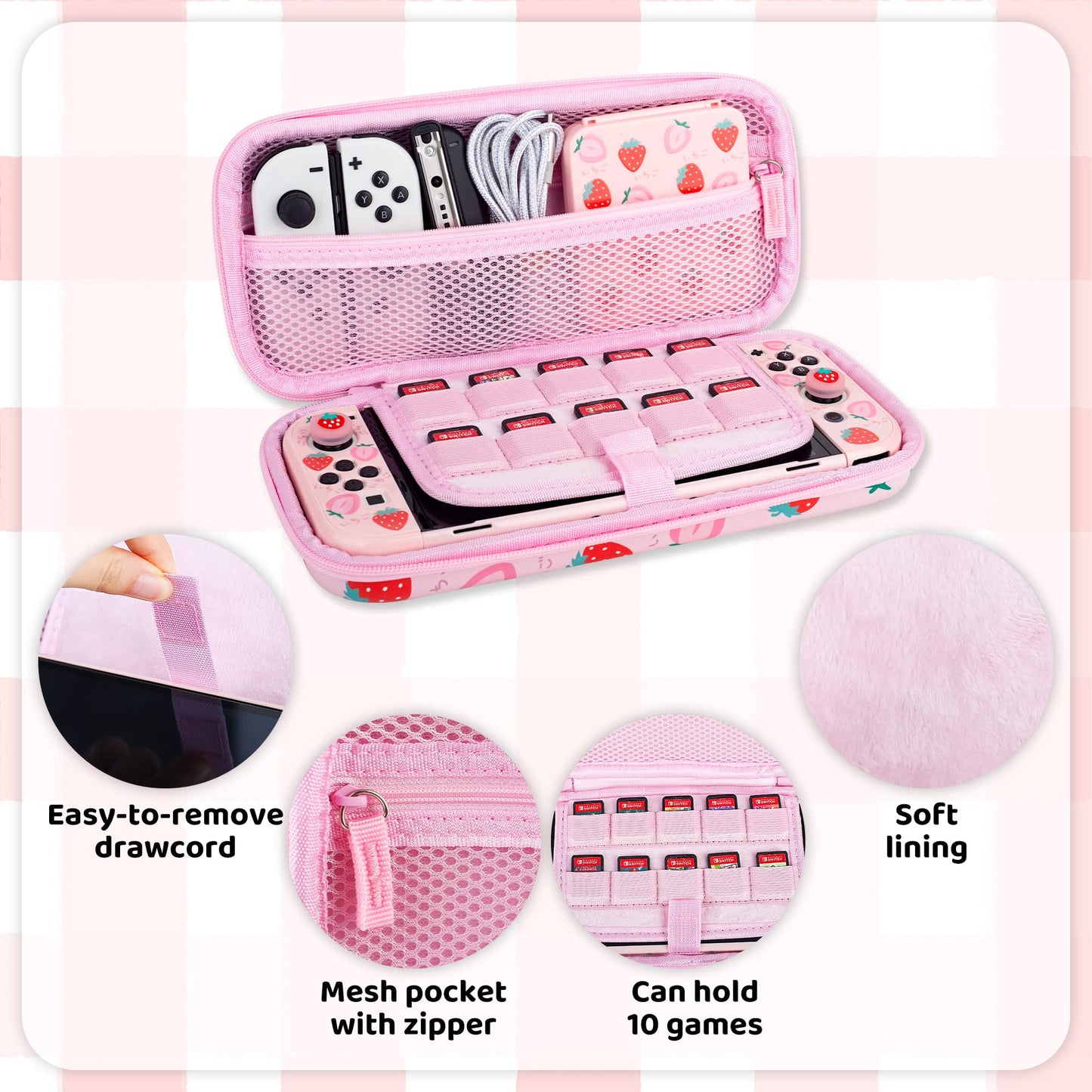 RHOTALL Strawberry Theme Carrying Case Set for Nintendo Switch OLED, Cute Accessories Bundle for Switch OLED with TPU Protective Shell, Adjustable Shoulder Strap, Screen Protector and 2 Thumb Caps