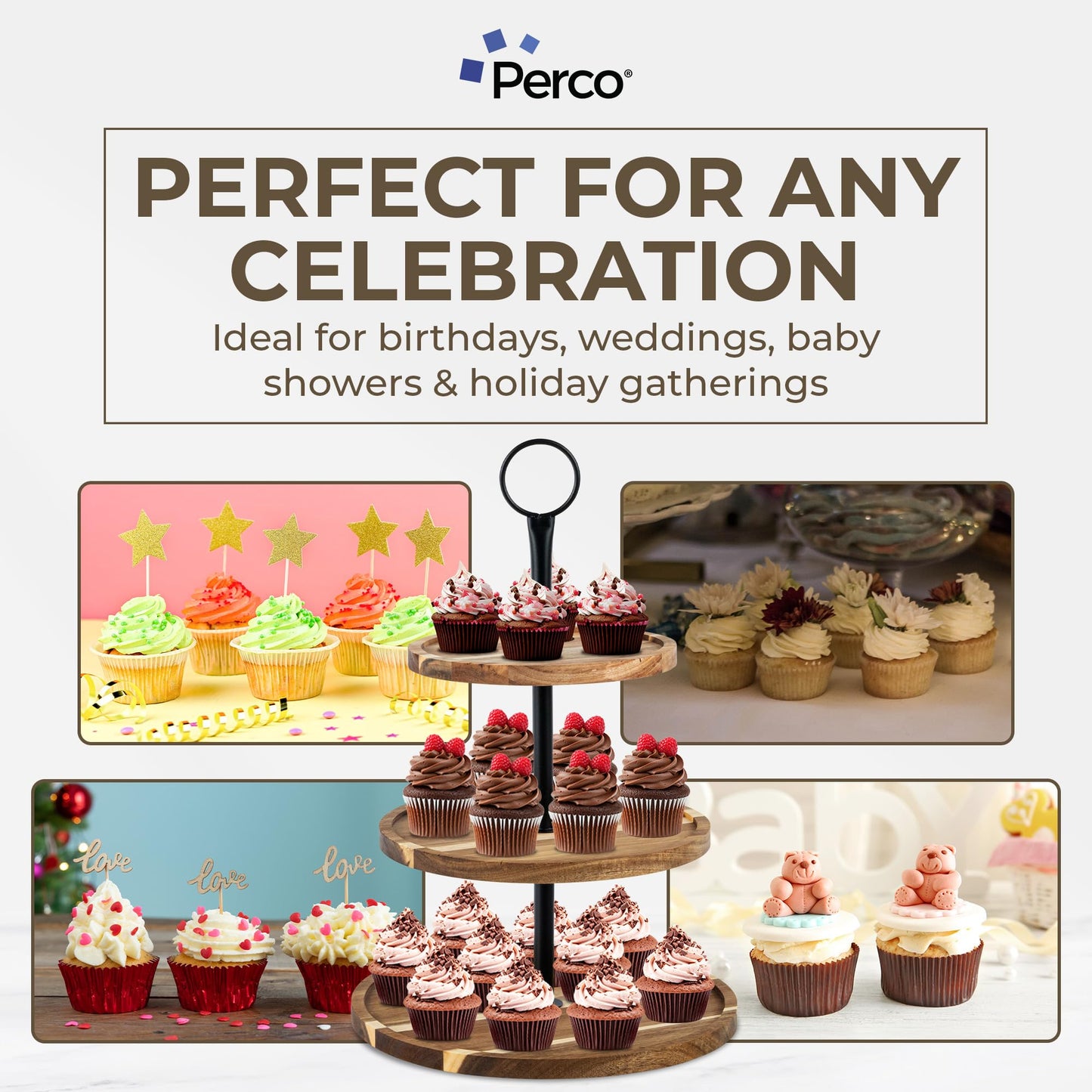 Perco Cupcake Stand, 3 Tier Wooden Tiered Display Stand for 20 Cupcakes – Wood Dessert Table Display Set, Tiered Serving Tray for Weddings, Birthdays, Baby Showers & Events