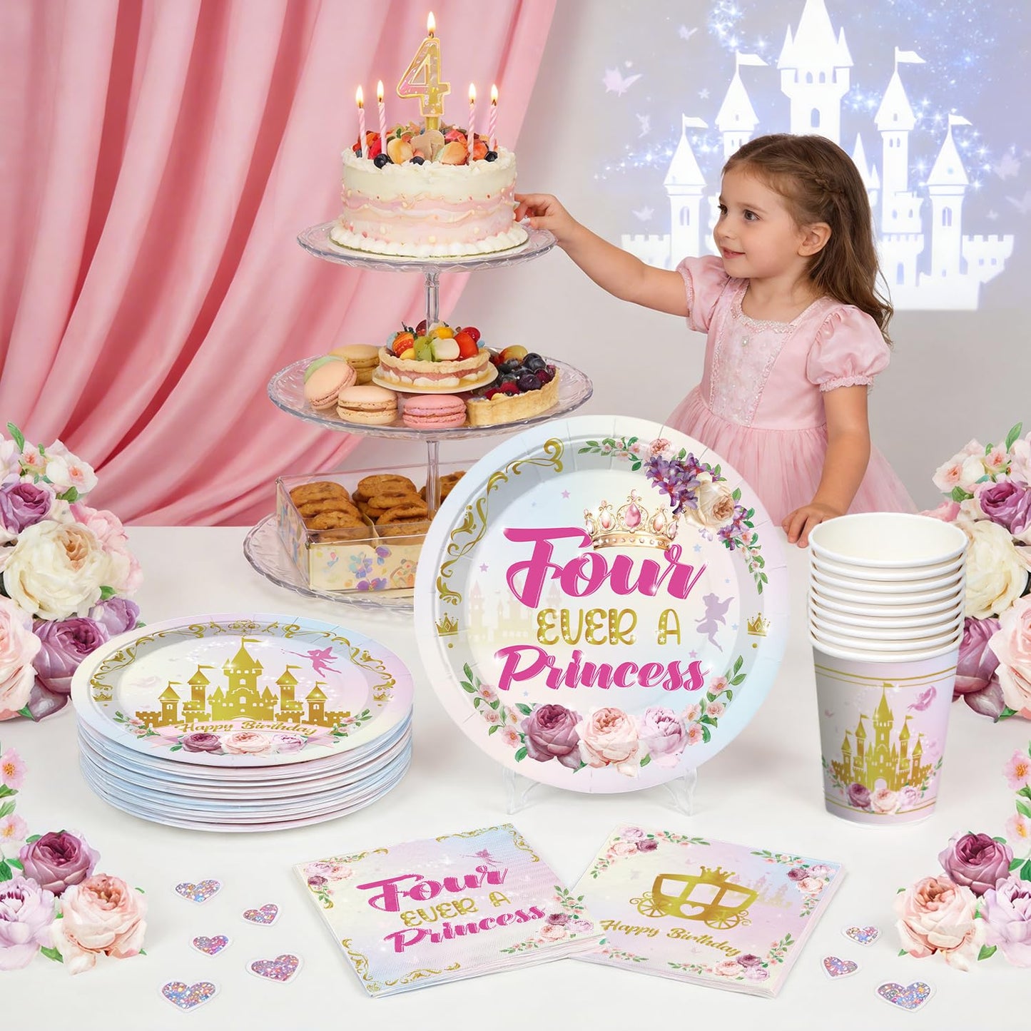 293 Pcs Four Ever a Princess Birthday Decorations, Princess Party Decorations Set Serves 25 - Banner, Balloon Arch Kit, Tableware, Cake Toppers, Backdrop for 4th birthday decorations girl