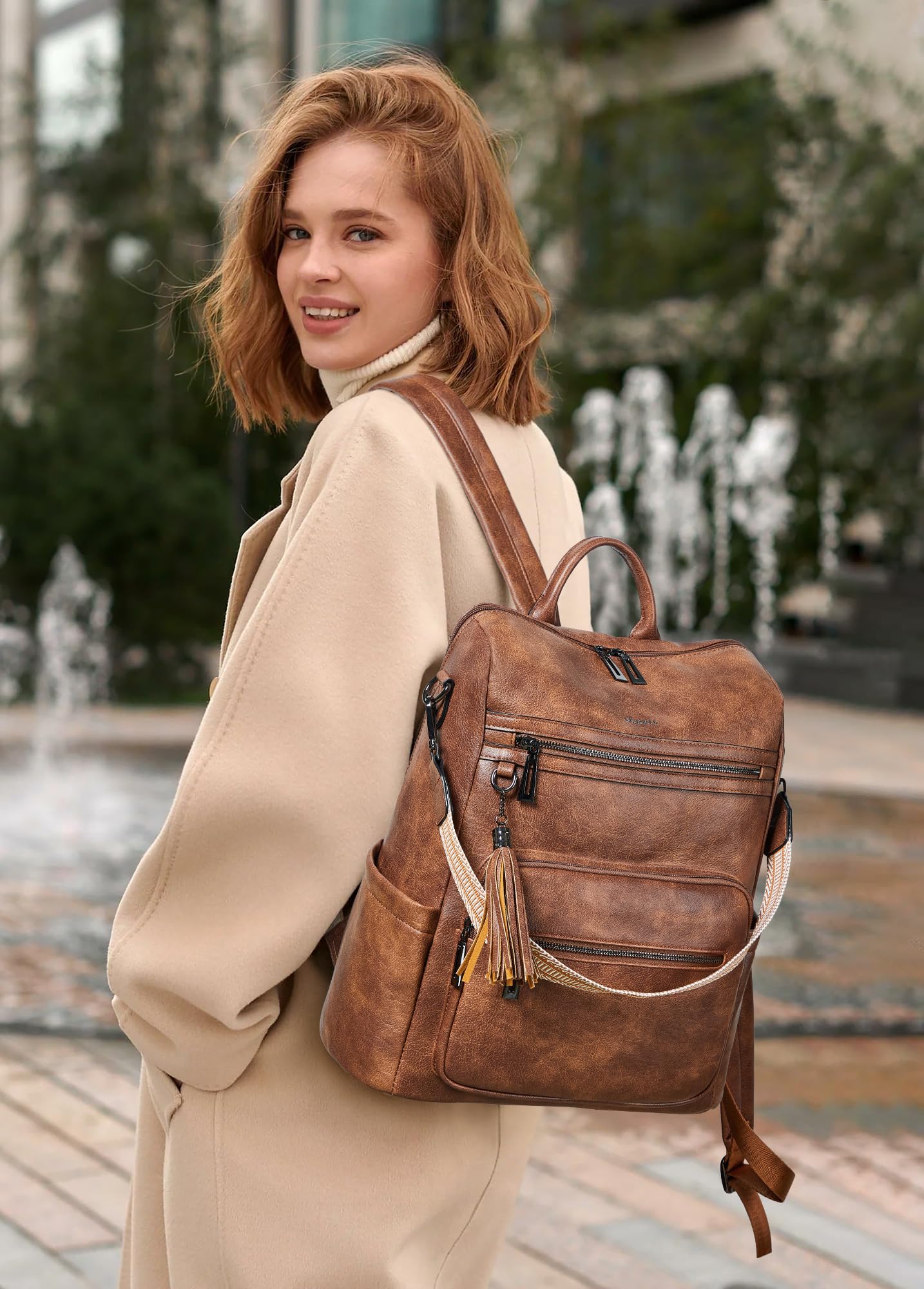 Shrrie 15.6 inch Laptop Backpack for Women,Large Leather Backpack Purse,Travel,Carry on,Water Resistant Casual Laptop Backpacks,College Backpack,Work Backpack for Women,Two-toned Brown