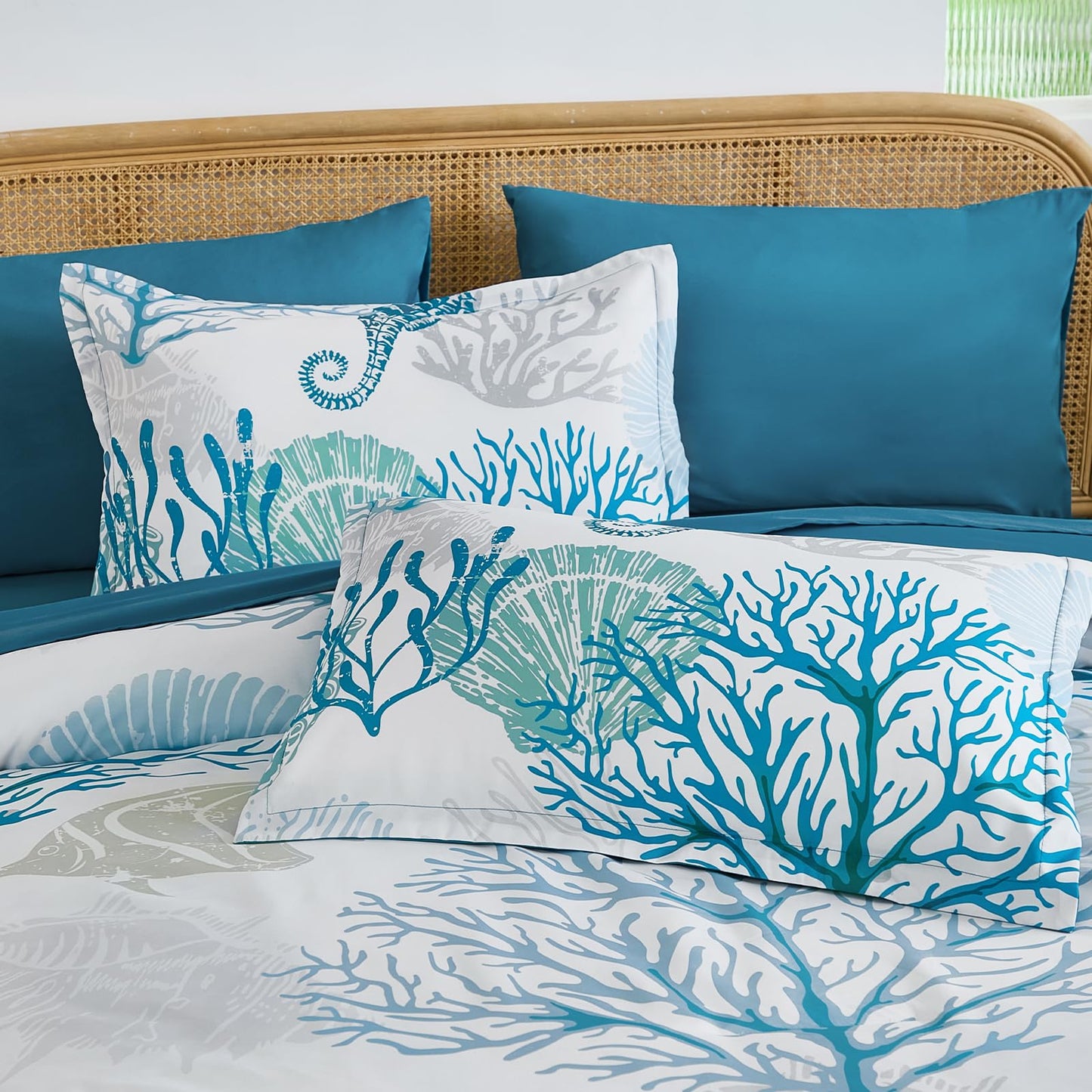 WONGS BEDDING Coastal Comforter Set Queen, Beach Themed Comforter,7 Pieces Ocean Nautical Seaweed & Starfish Bed in a Bag (90"×90")