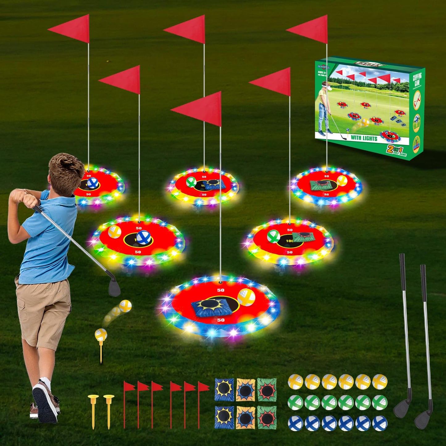 TERRAMUS Light Up Golf Play Set - Upgraded Backyard Golf Chipping Game with 6 LED Targets, 2 Clubs, 18 Balls, 6 Bean Bags, Night Golf Toys Gifts for Kids Golfers Family Indoor Outdoor Beach Lawn Park
