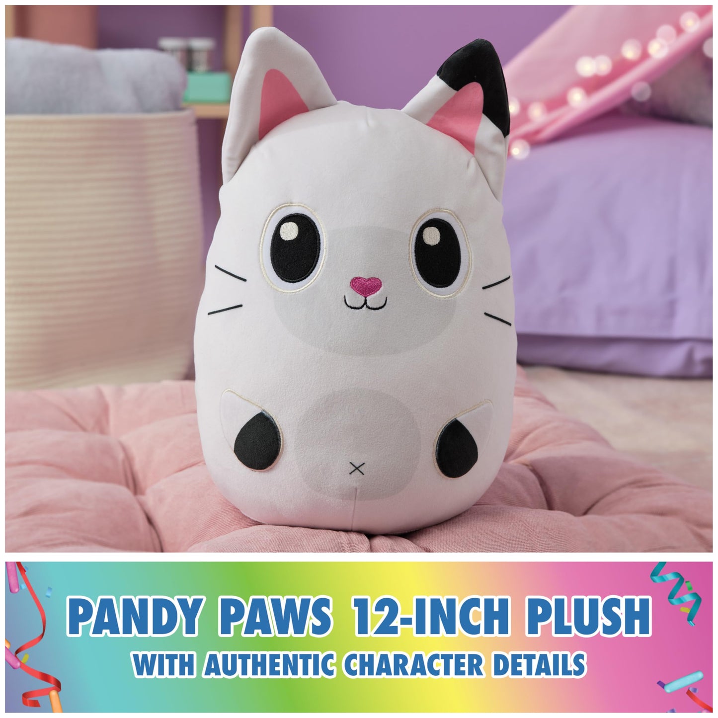 Gabby’s Dollhouse Official Pandy Paws Squishy Plush Toy, Cat Stuffed Animal, Squishy Toys for Ages 1 & Up, White, 12”