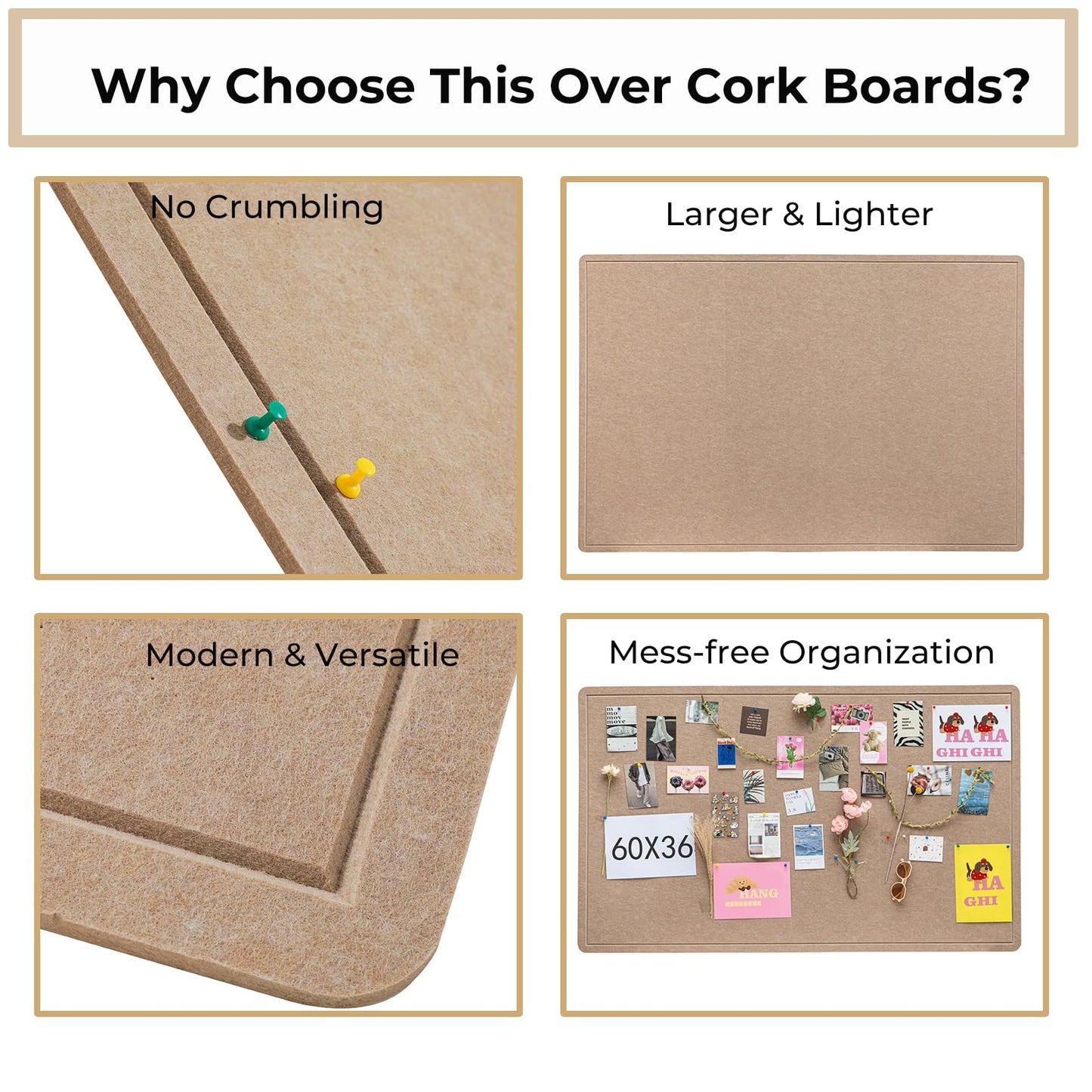 DexBoard Foldable Large Felt Bulletin Board for Wall 60"x 36", Decorative Picture Framed Display Board with Self-Adhesive Tape for School, Home, Kitchen & Office Walls, Includes 30 Pins, Oatmeal