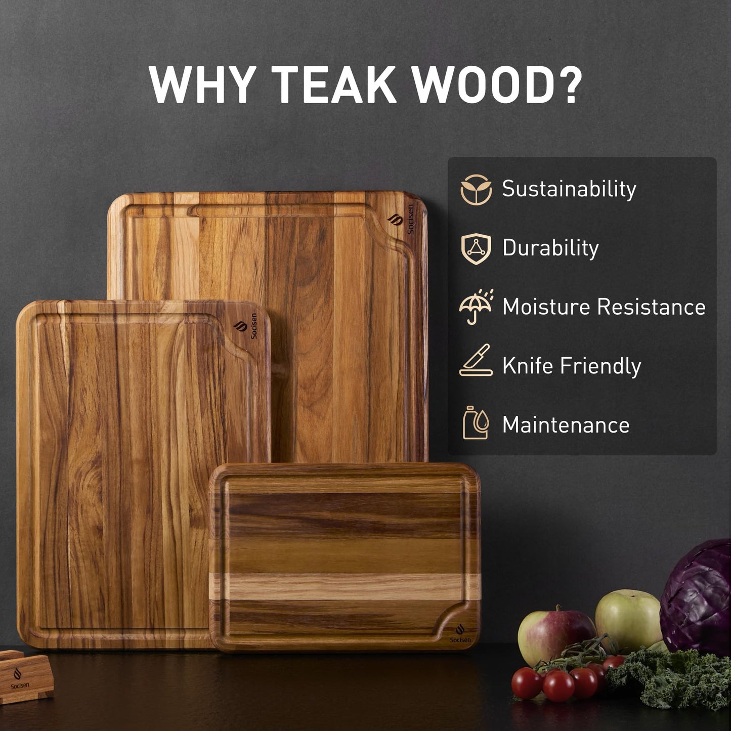 3 Pack Teak Wood Cutting Board Set for Kitchen Charcuterie Board Serving Heavy Duty Non Toxic Slip Over Sink Solid Thick Haus Wooden Chopping Board Large Big Small Meat Best Kitchen Mother Gift