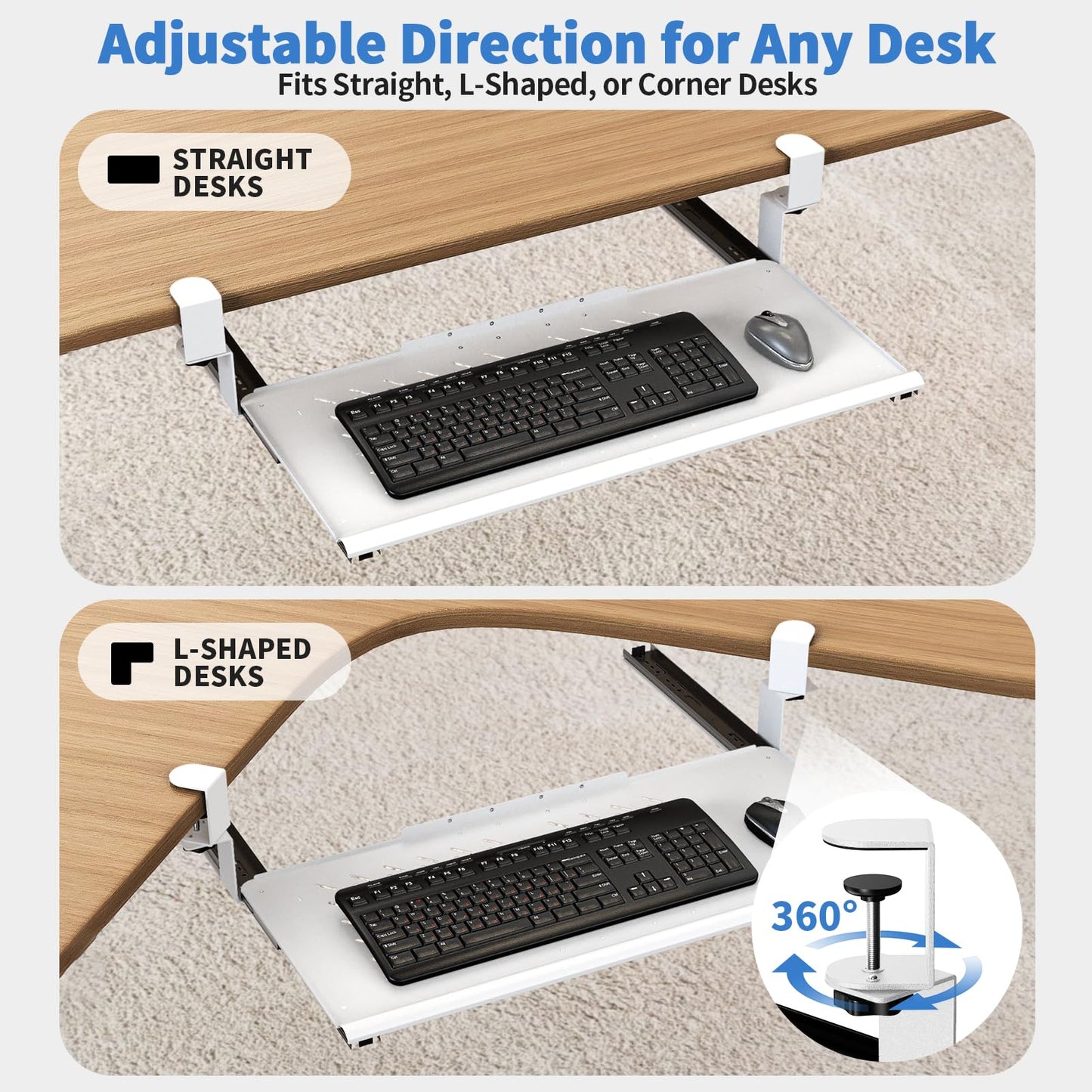Strifuture Keyboard Tray Under Desk - Full Metal Slide Out Holder, Rust-Resistant & Scratch-Proof, Double C-Clamps, 26x13" Tray for L Shape/Regular Desks, Standing/Sitting Workstation(White-A)